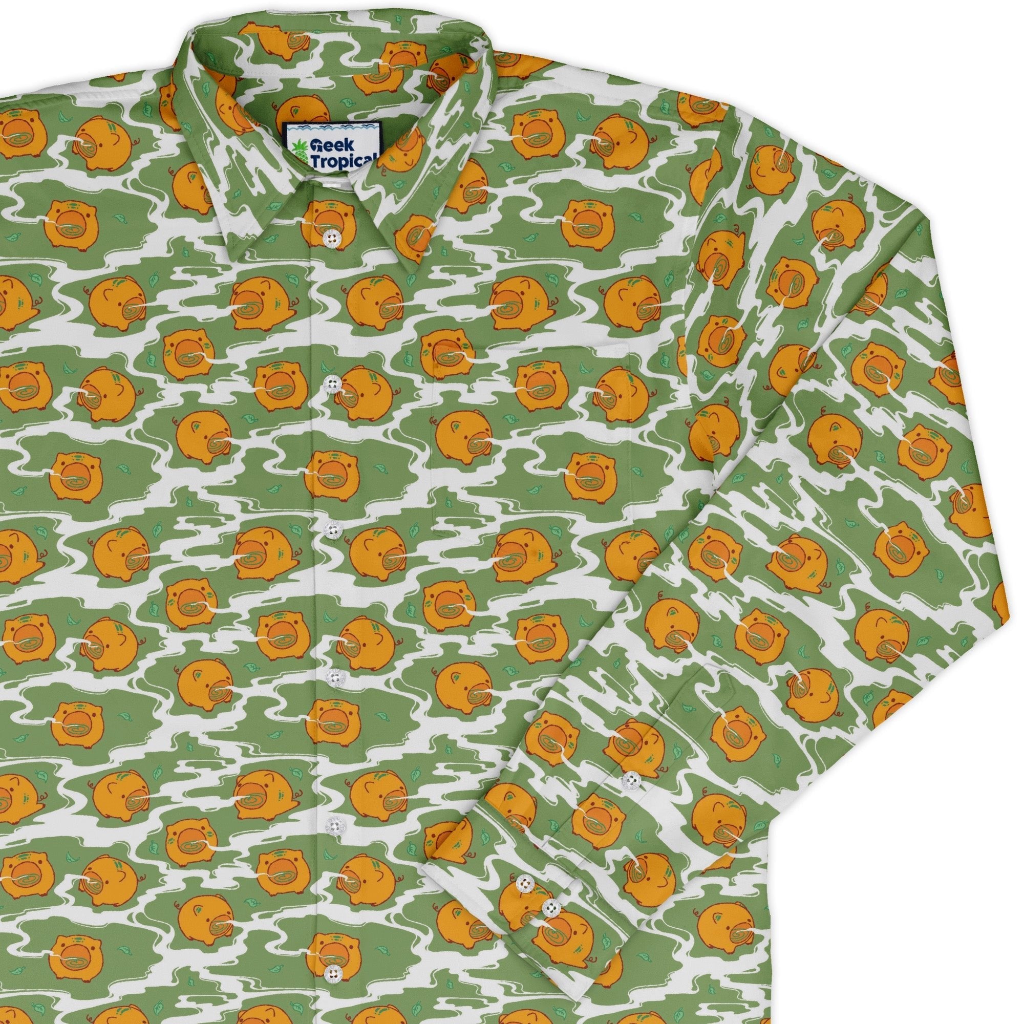 Kawaii Piglets Incense Green Long Sleeve Button Up Shirt Geek Nerd adult sizing Anime Design by Ardi Tong
