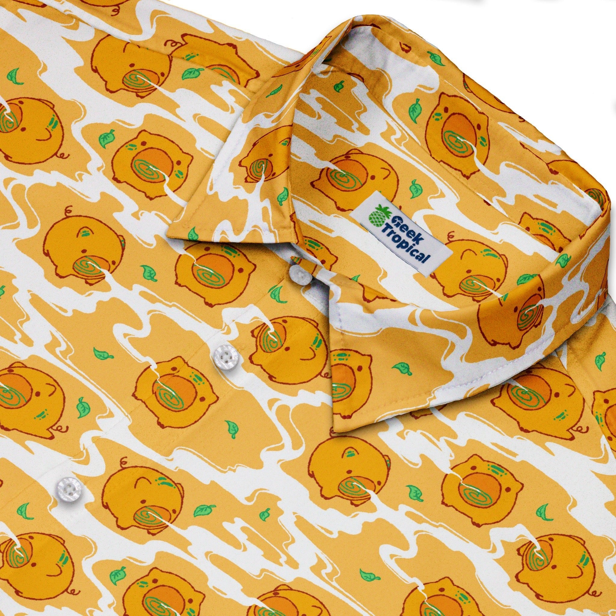 Kawaii Piglets Incense Orange Button Up Shirt - adult sizing - Anime - Design by Ardi Tong