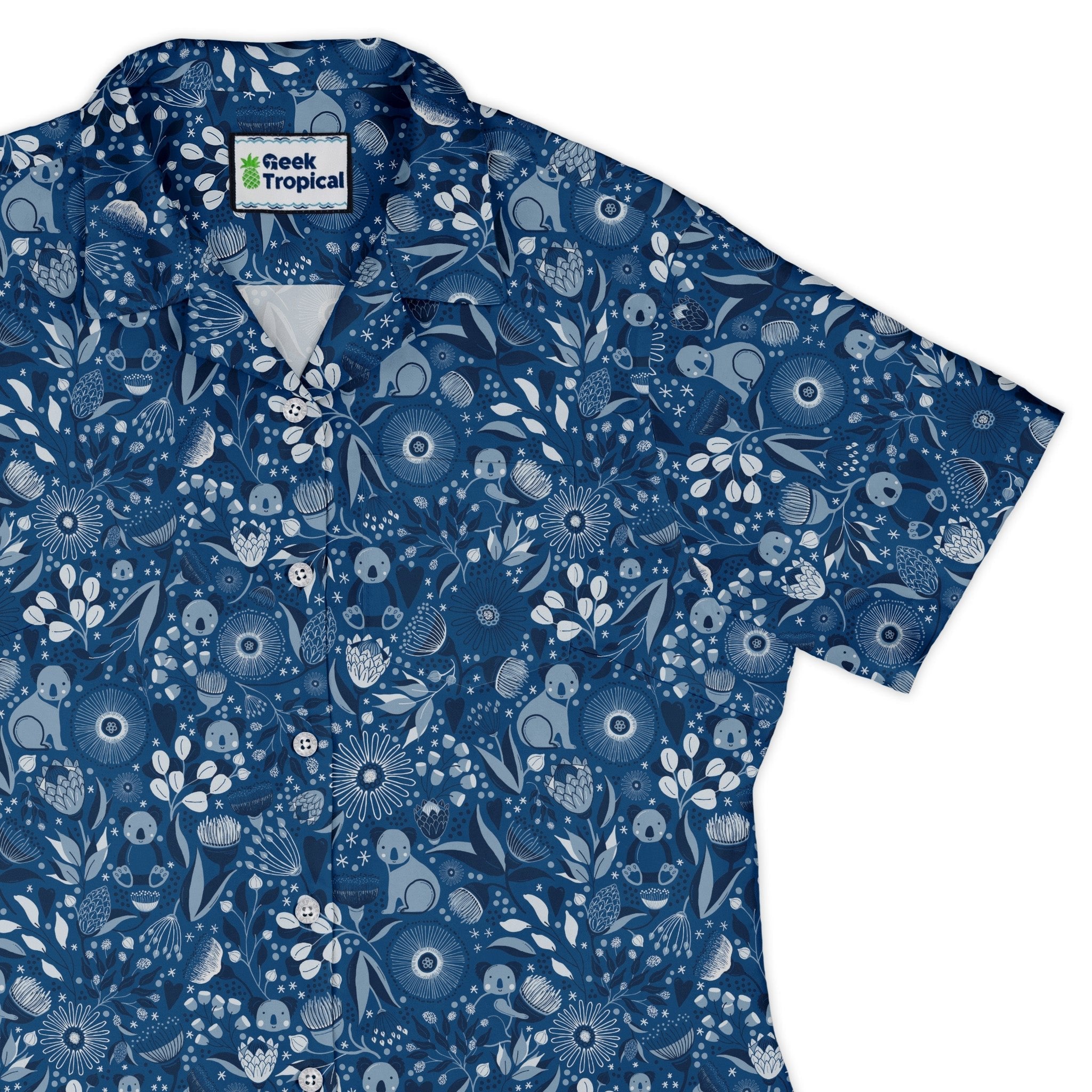 Koala Floral Curvy Button Up Shirt Geek Nerd animal patterns botany print Design by Zirkus Design