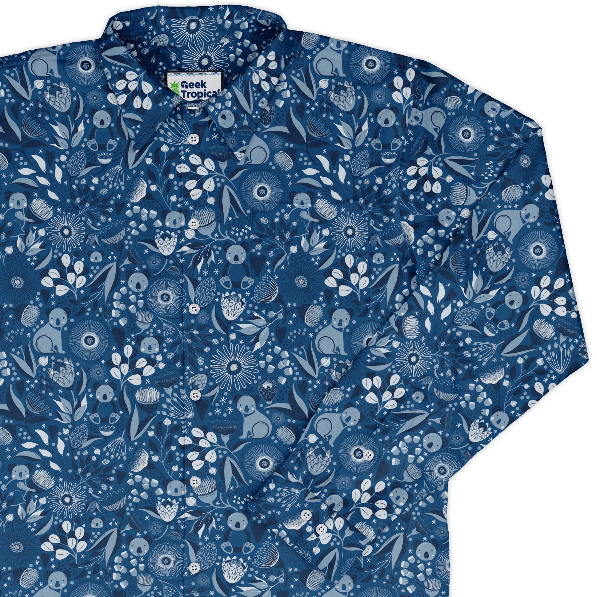 Koala Floral Long Sleeve Button Up Shirt Geek Nerd adult sizing animal patterns botany print