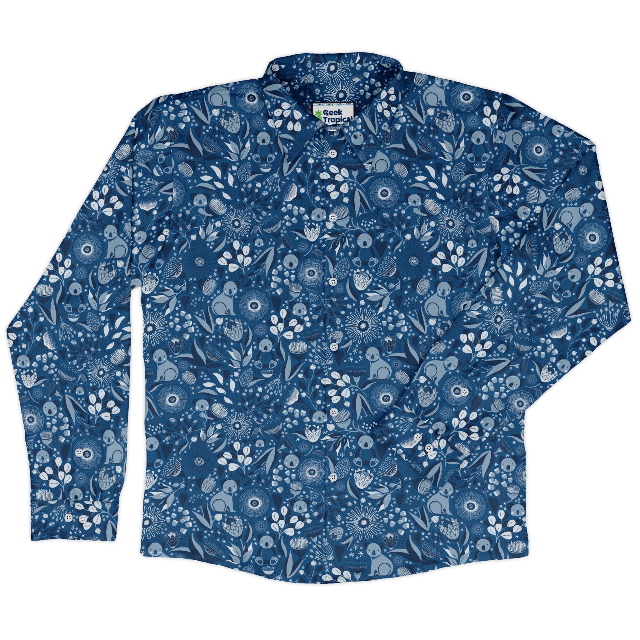 Koala Floral Long Sleeve Button Up Shirt Geek Nerd adult sizing animal patterns botany print