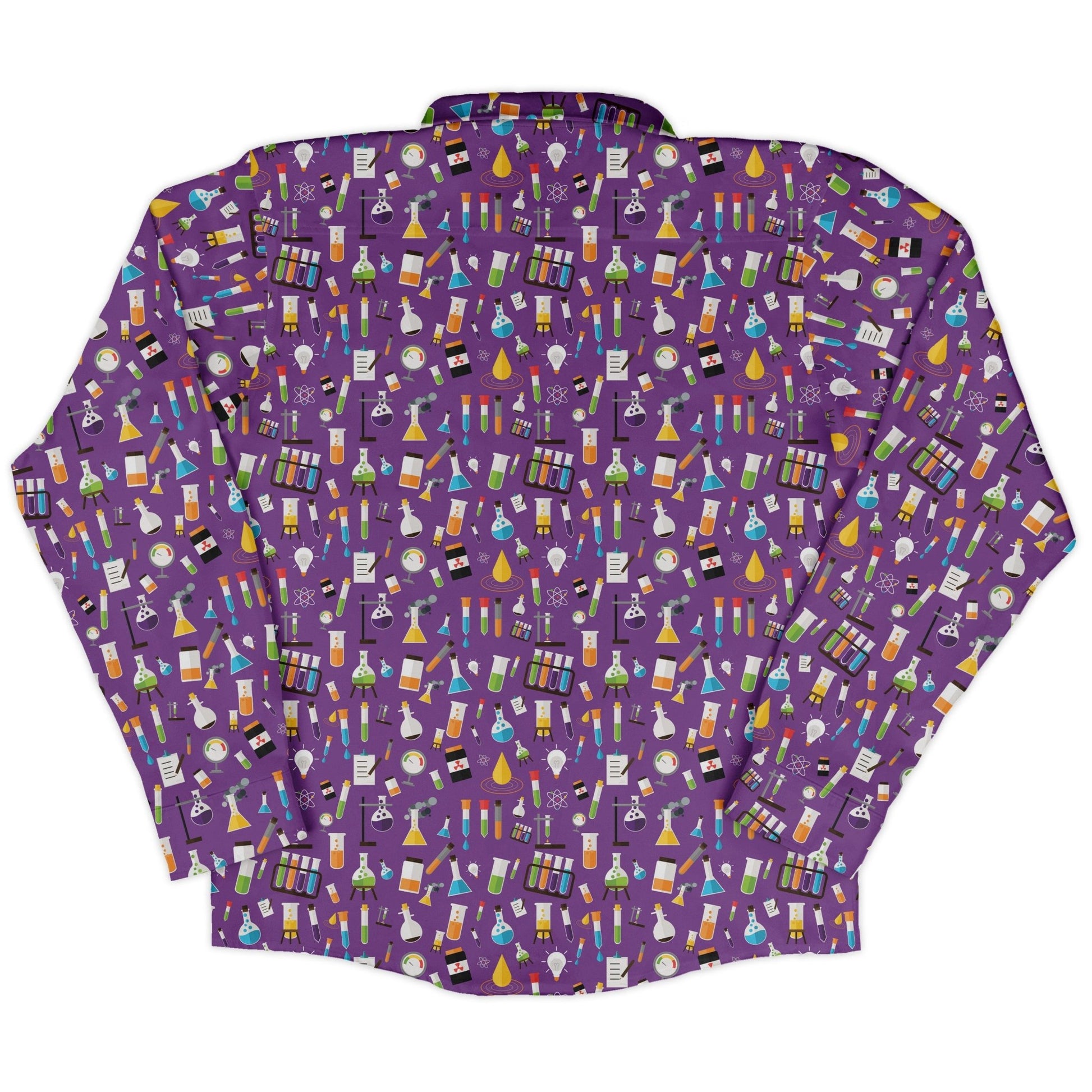 Lab Beakers Purple Science Long Sleeve Button Up Shirt Geek Nerd adult sizing FLOW DESC WRITING Maximalist Patterns