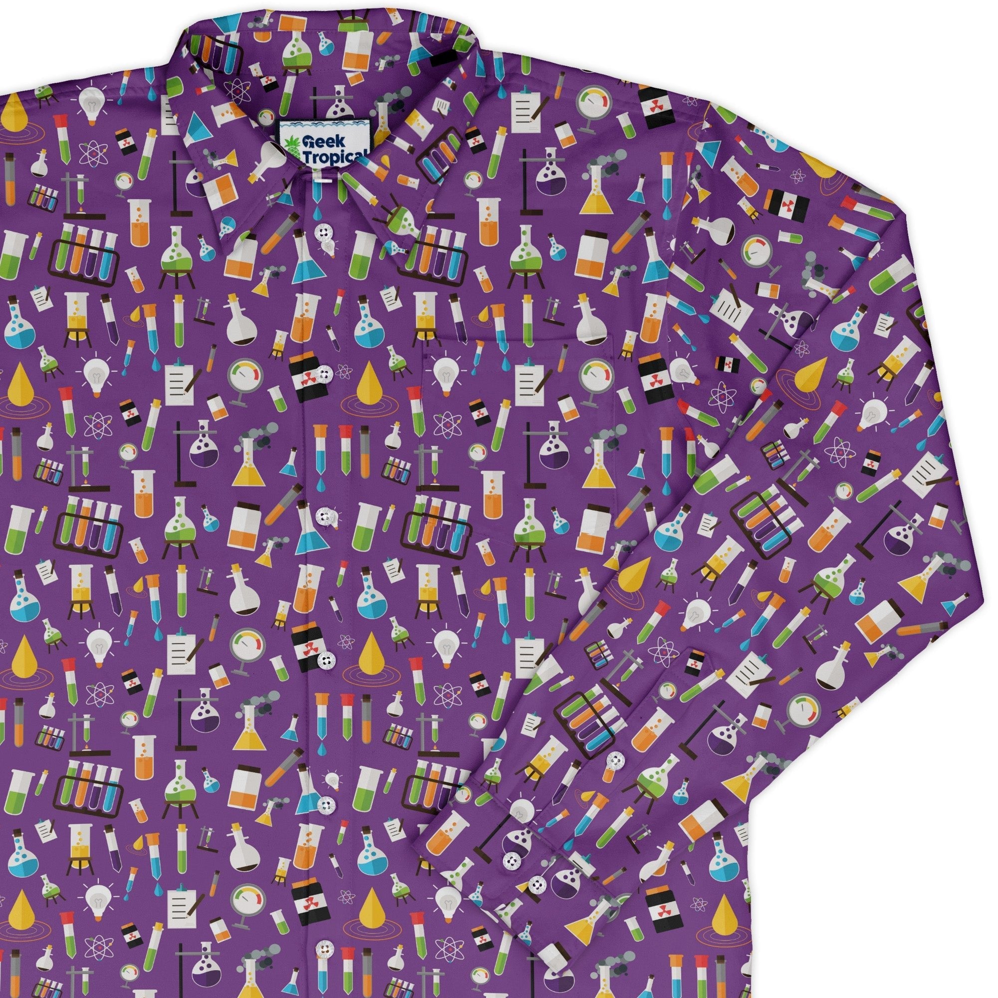 Lab Beakers Purple Science Long Sleeve Button Up Shirt Geek Nerd adult sizing FLOW DESC WRITING Maximalist Patterns