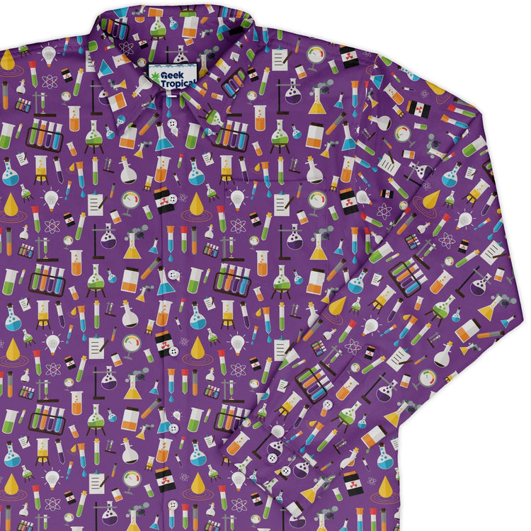 Lab Beakers Purple Science Long Sleeve Button Up Shirt Geek Nerd adult sizing FLOW DESC WRITING Maximalist Patterns