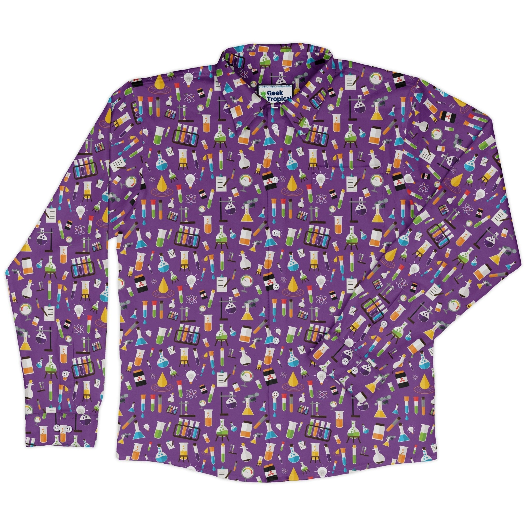 Lab Beakers Purple Science Long Sleeve Button Up Shirt Geek Nerd adult sizing FLOW DESC WRITING Maximalist Patterns