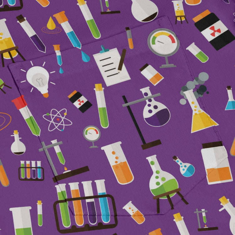 Lab Beakers Purple Science Long Sleeve Button Up Shirt Geek Nerd adult sizing FLOW DESC WRITING Maximalist Patterns