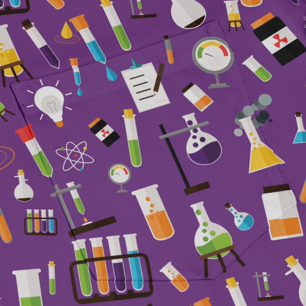 Lab Beakers Purple Science Long Sleeve Button Up Shirt Geek Nerd adult sizing FLOW DESC WRITING Maximalist Patterns