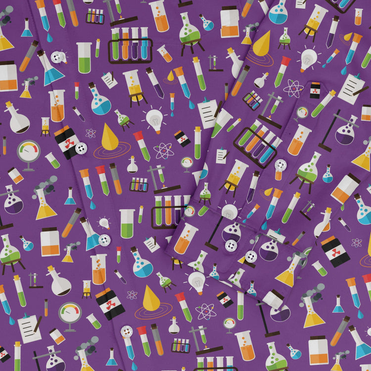 Lab Beakers Purple Science Long Sleeve Button Up Shirt Geek Nerd adult sizing FLOW DESC WRITING Maximalist Patterns