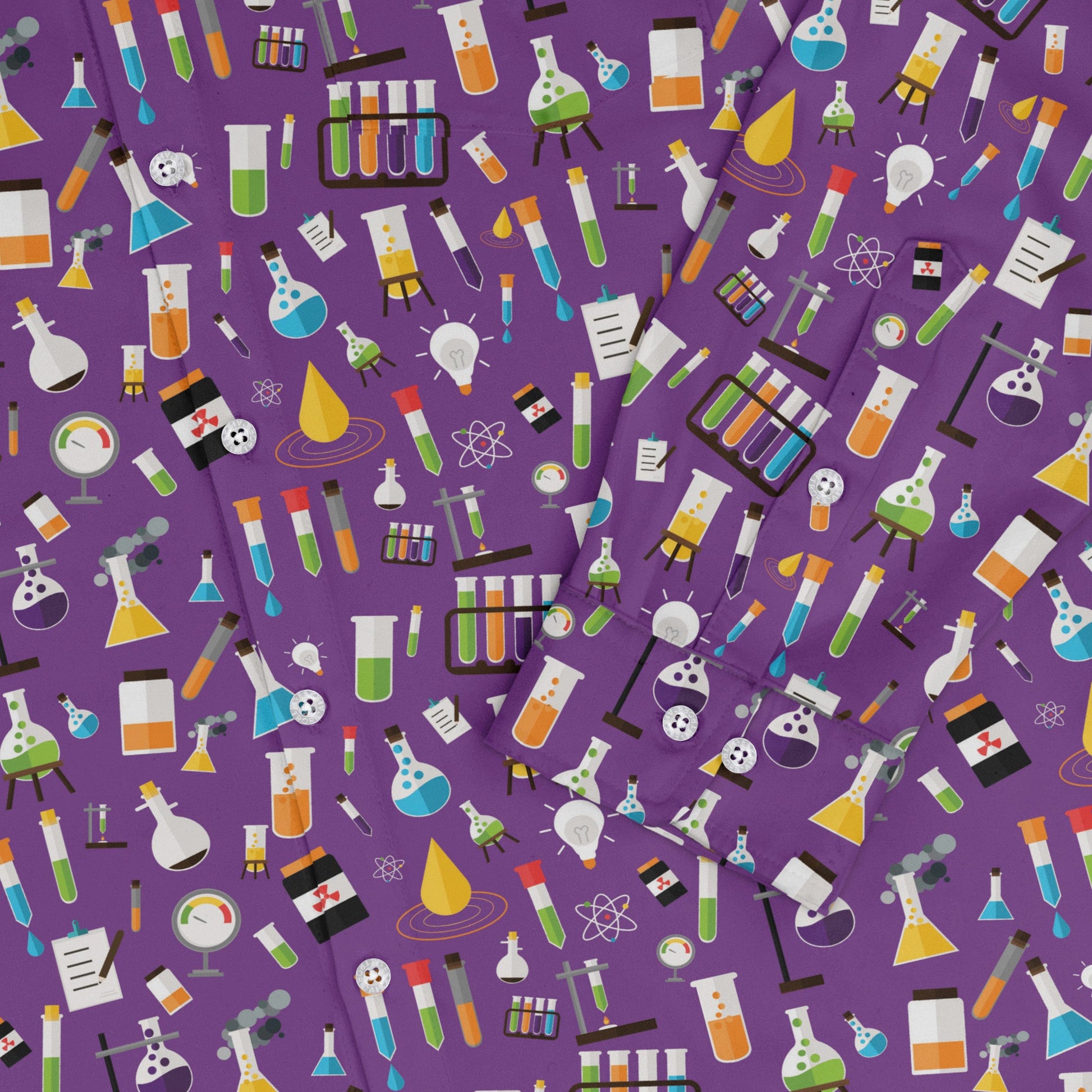 Lab Beakers Purple Science Long Sleeve Button Up Shirt Geek Nerd adult sizing FLOW DESC WRITING Maximalist Patterns