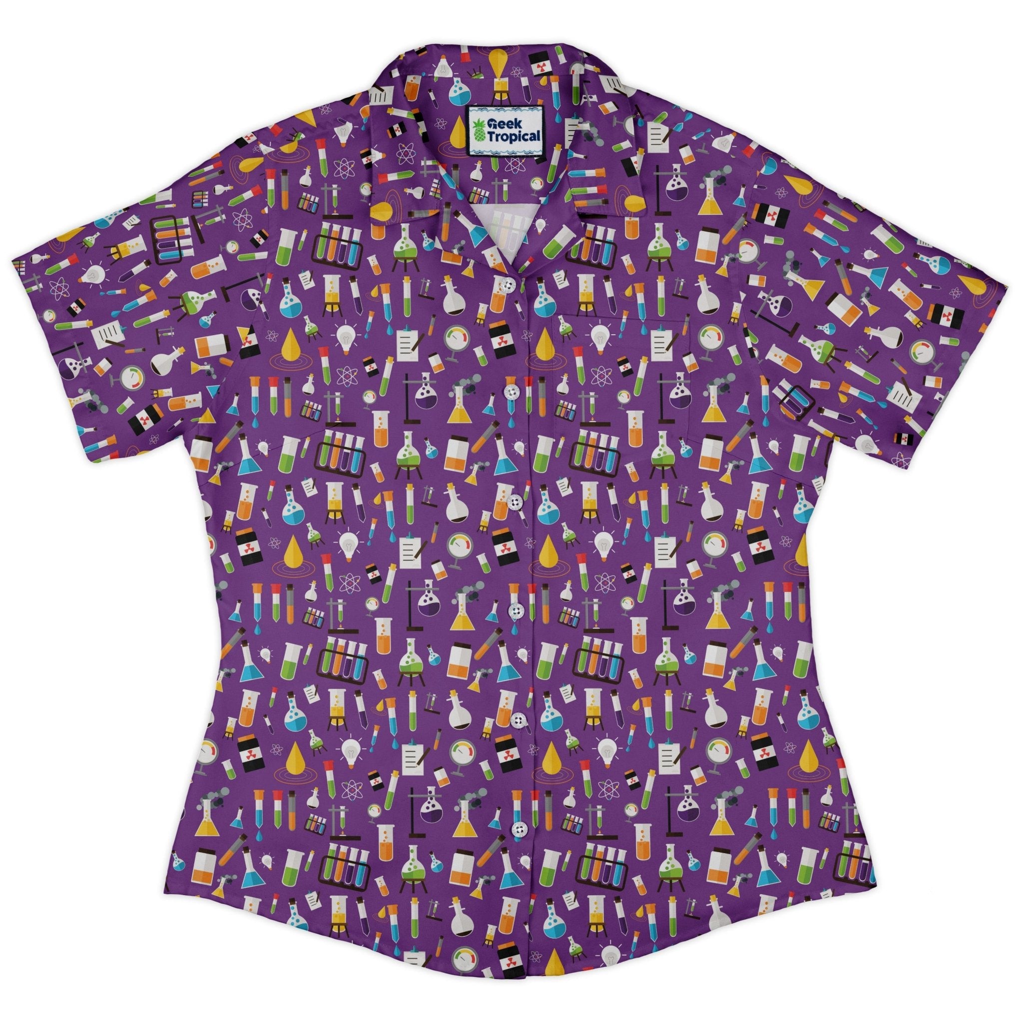 Lab Beakers Purple Science Curvy Button Up Shirt Geek Nerd Maximalist Patterns science print women