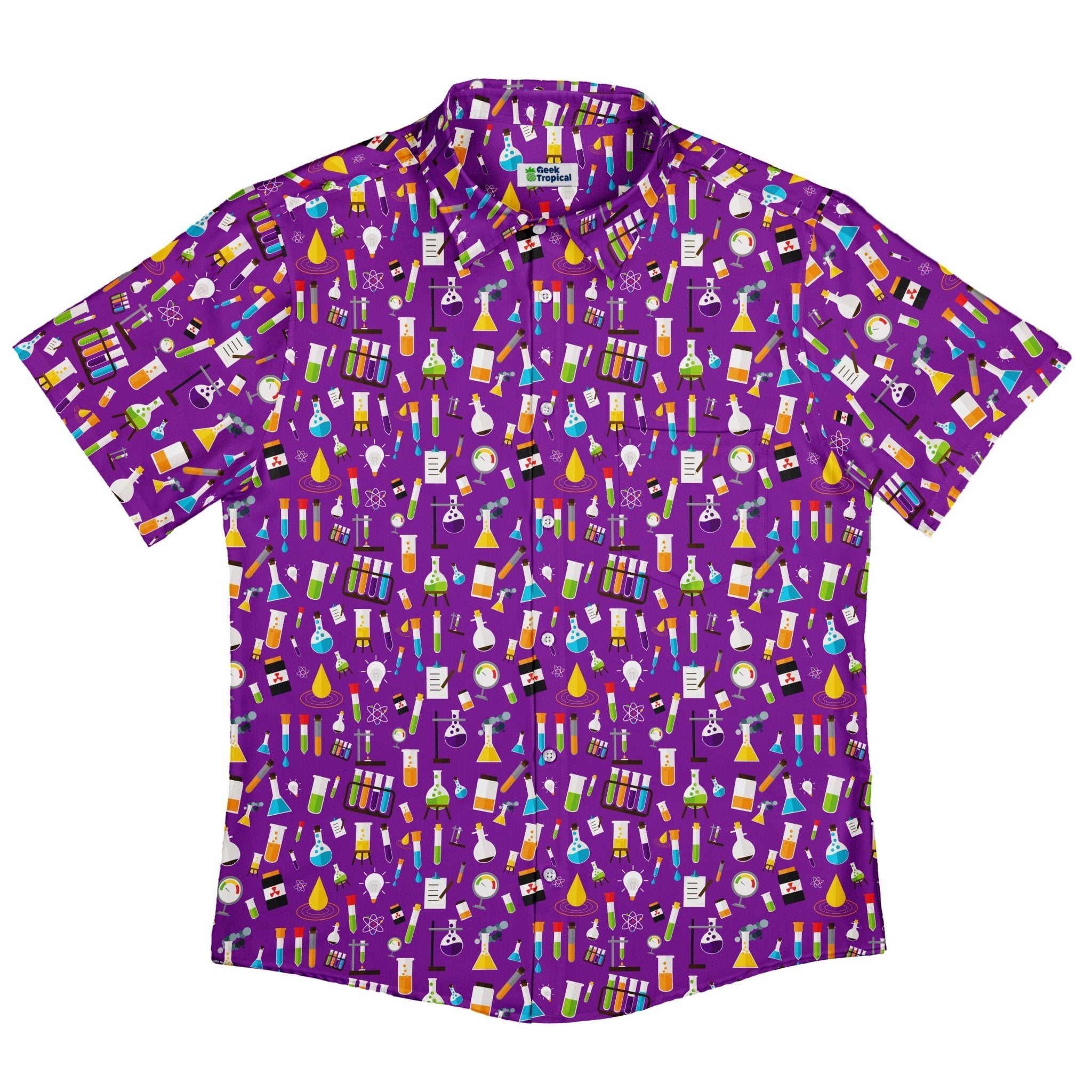 Lab Beakers Purple Science Button Up Shirt - adult sizing - Maximalist Patterns - science print