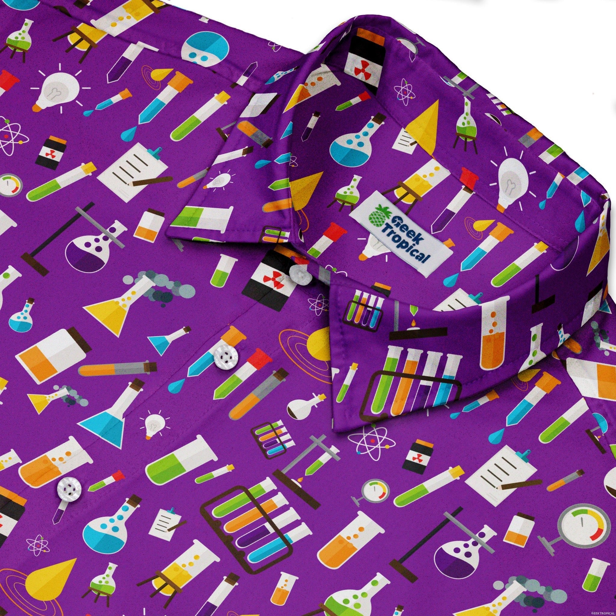 Lab Beakers Purple Science Button Up Shirt - adult sizing - Maximalist Patterns - science print