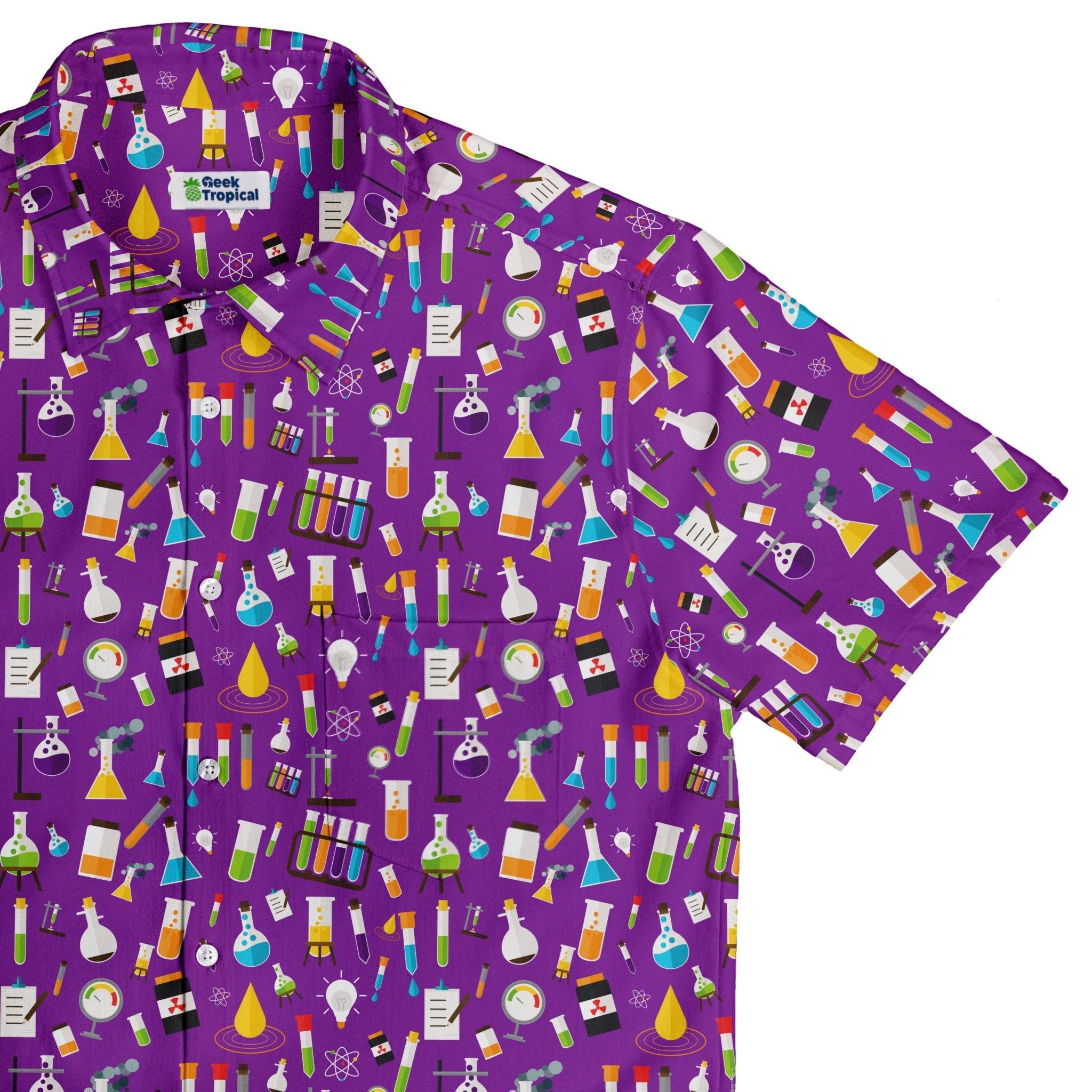 Lab Beakers Purple Science Button Up Shirt - adult sizing - Maximalist Patterns - science print