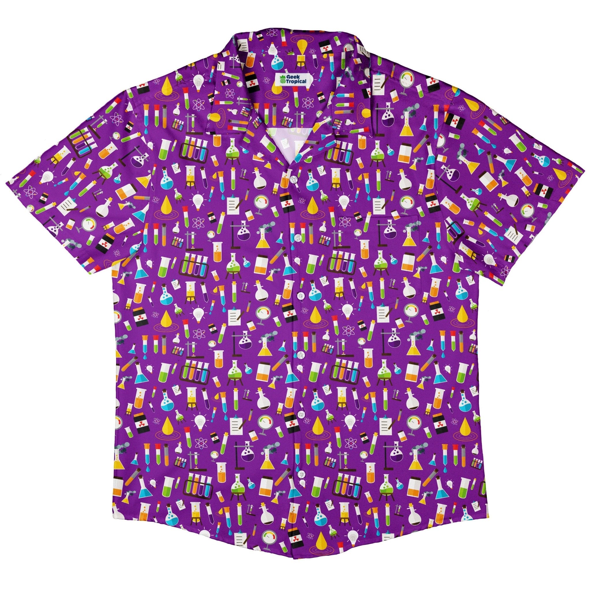 Lab Beakers Purple Science Button Up Shirt - adult sizing - Maximalist Patterns - science print