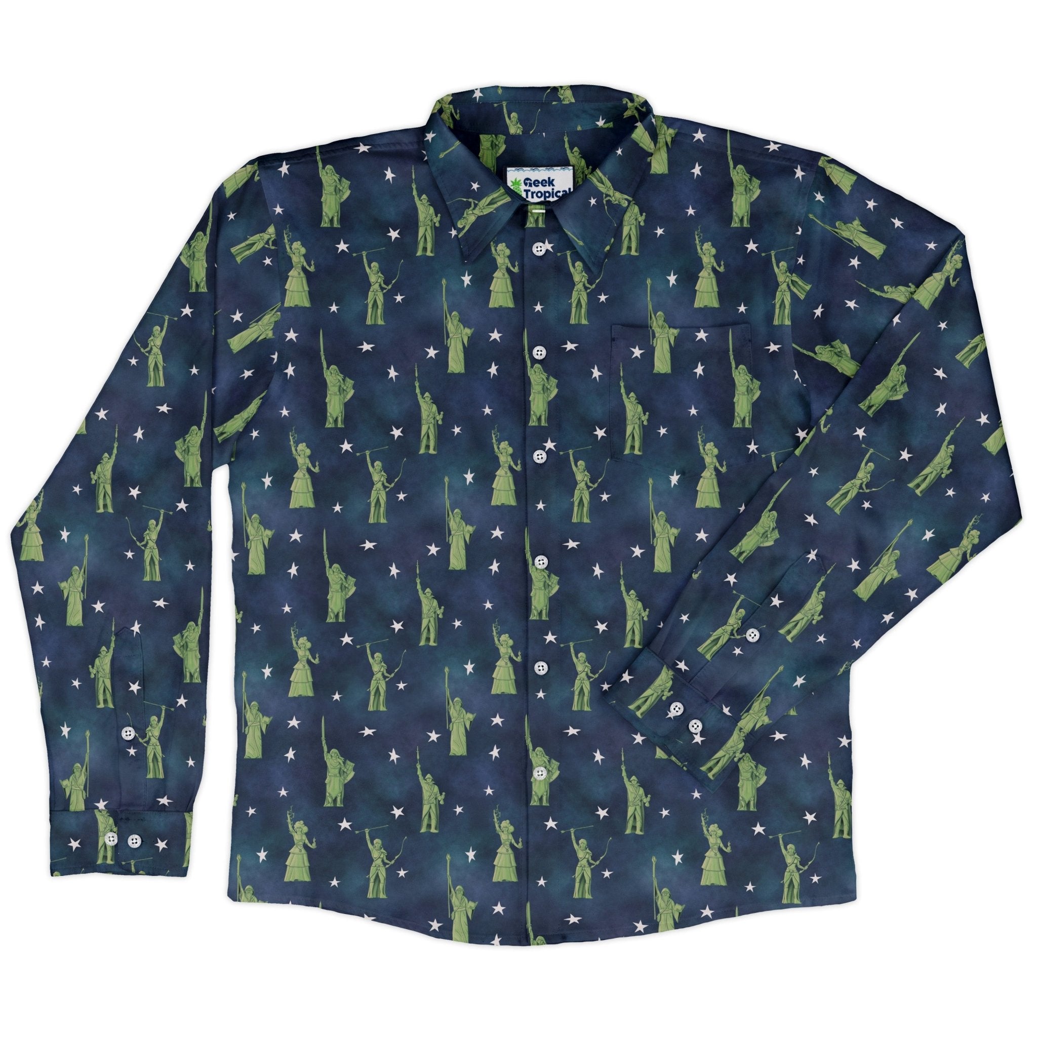 Lady Liberty Dnd Class Long Sleeve Button Up Shirt Geek Nerd adult sizing Designs by Nathan dnd & rpg print