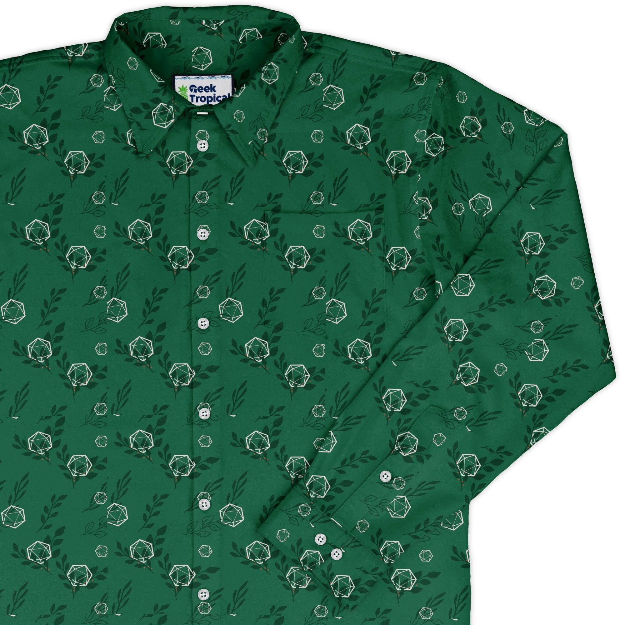 Leafy Green Dice Long Sleeve Button Up Shirt Geek Nerd adult sizing Botany Print Design by Heather Davenport
