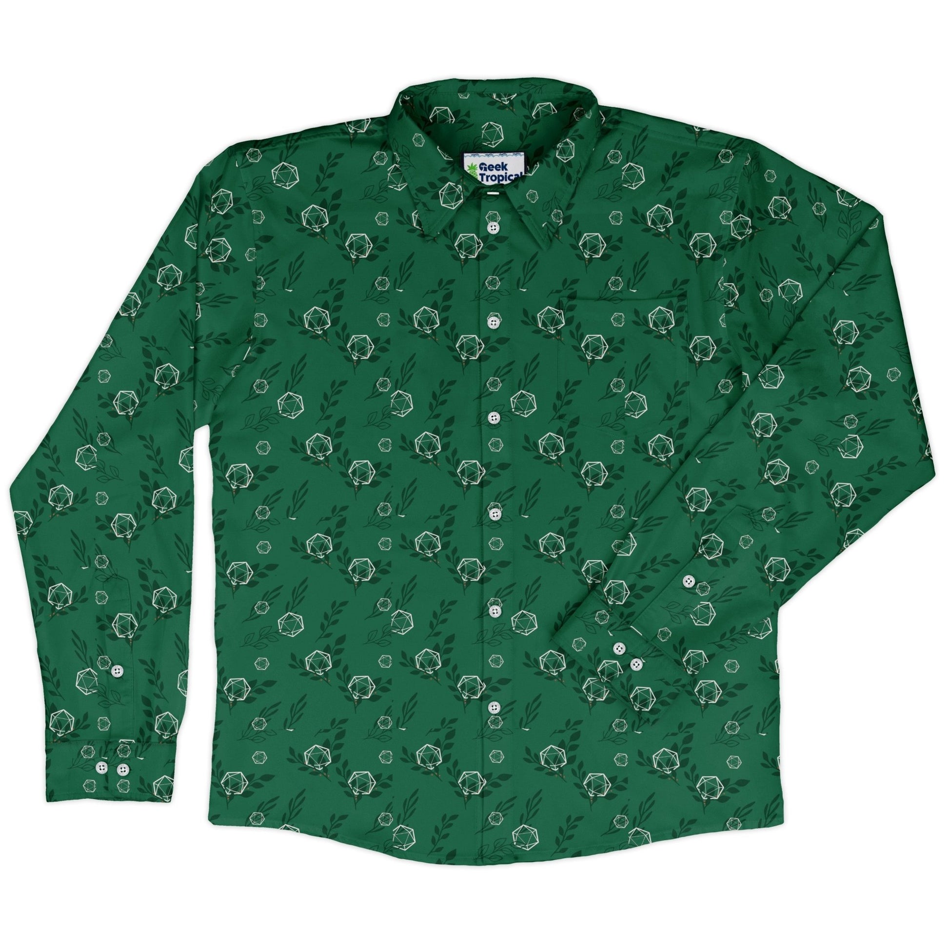 Leafy Green Dice Long Sleeve Button Up Shirt Geek Nerd adult sizing Botany Print Design by Heather Davenport