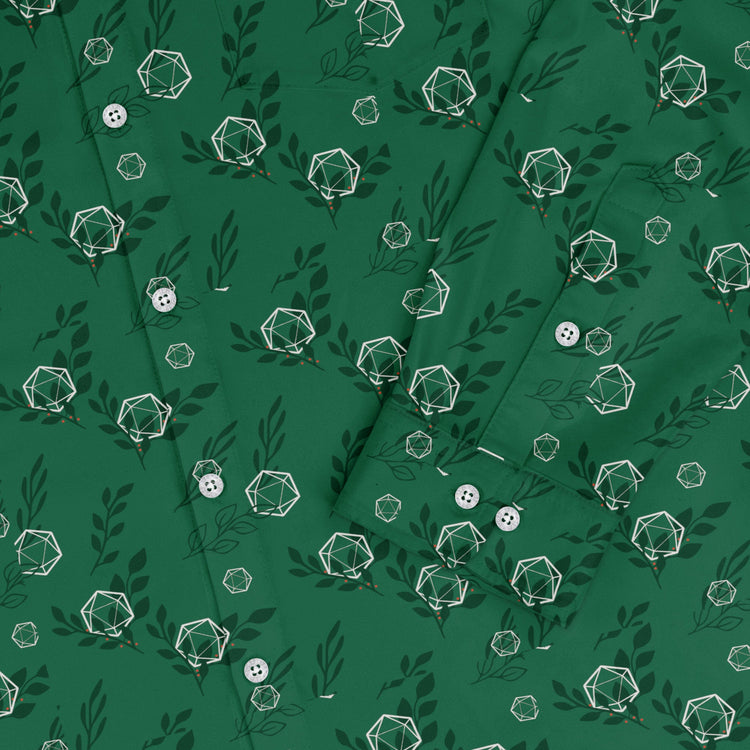 Leafy Green Dice Long Sleeve Button Up Shirt Geek Nerd adult sizing Botany Print Design by Heather Davenport