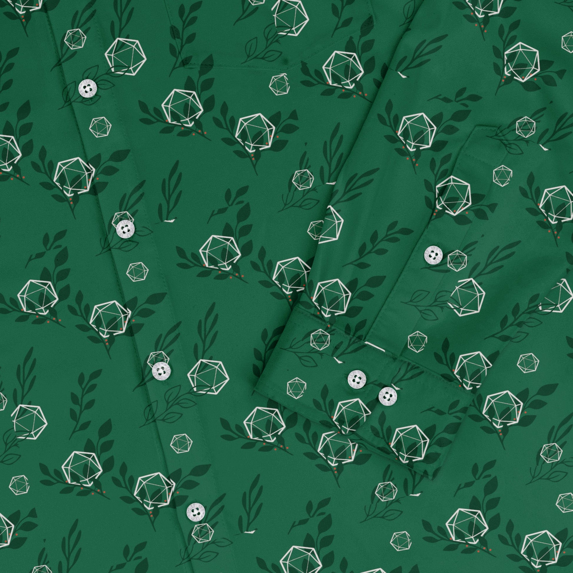 Leafy Green Dice Long Sleeve Button Up Shirt Geek Nerd adult sizing Botany Print Design by Heather Davenport