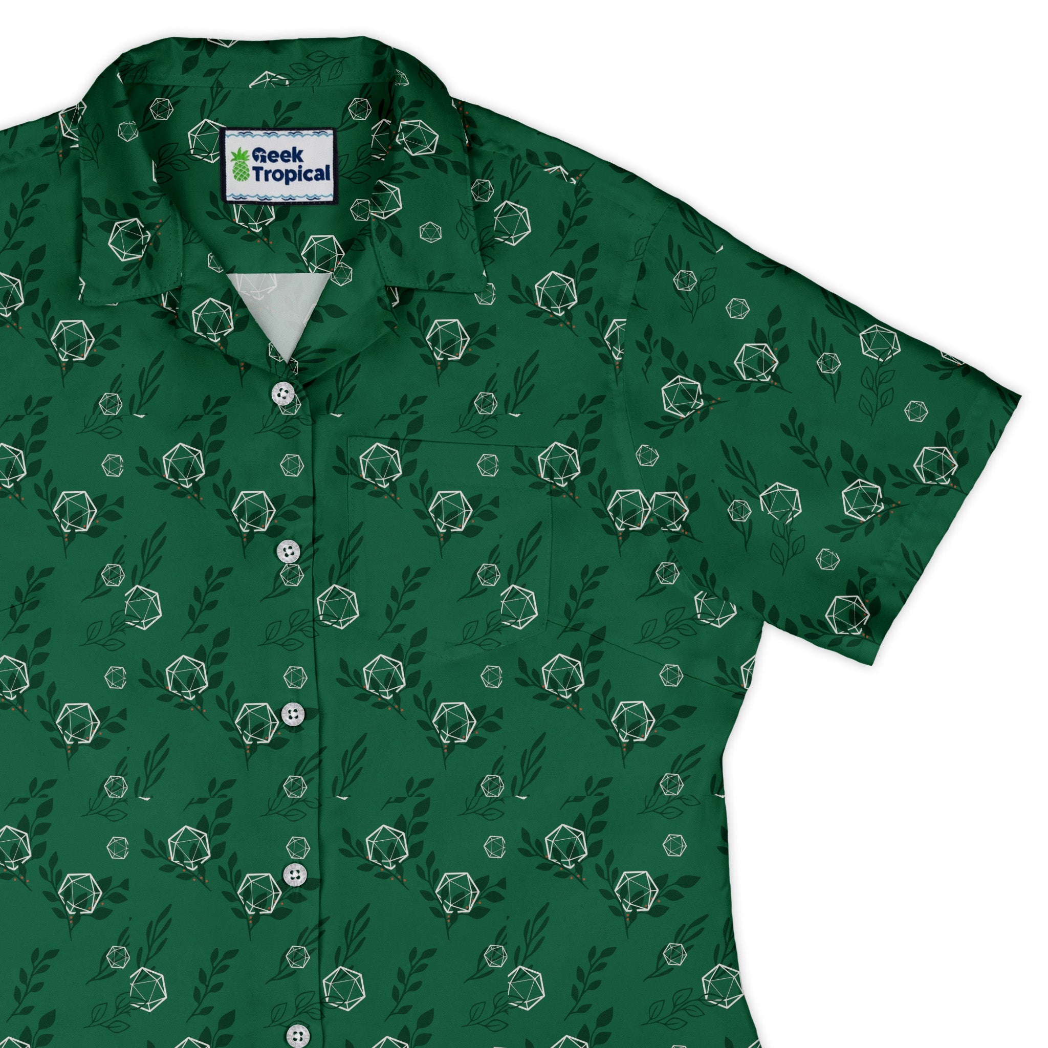 Leafy Green Dice Curvy Button Up Shirt Geek Nerd Botany Print Design by Heather Davenport dnd & rpg print