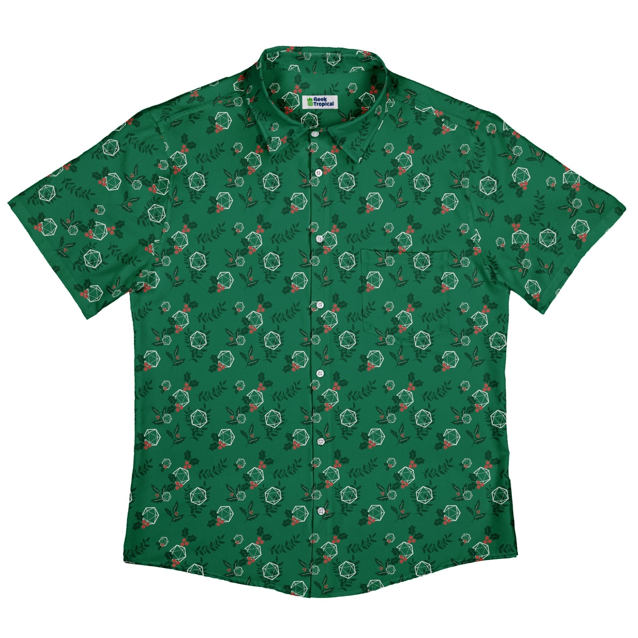 Leafy Mistletoe Dice Button Up Shirt Geek Nerd adult sizing Christmas Print Design by Heather Davenport