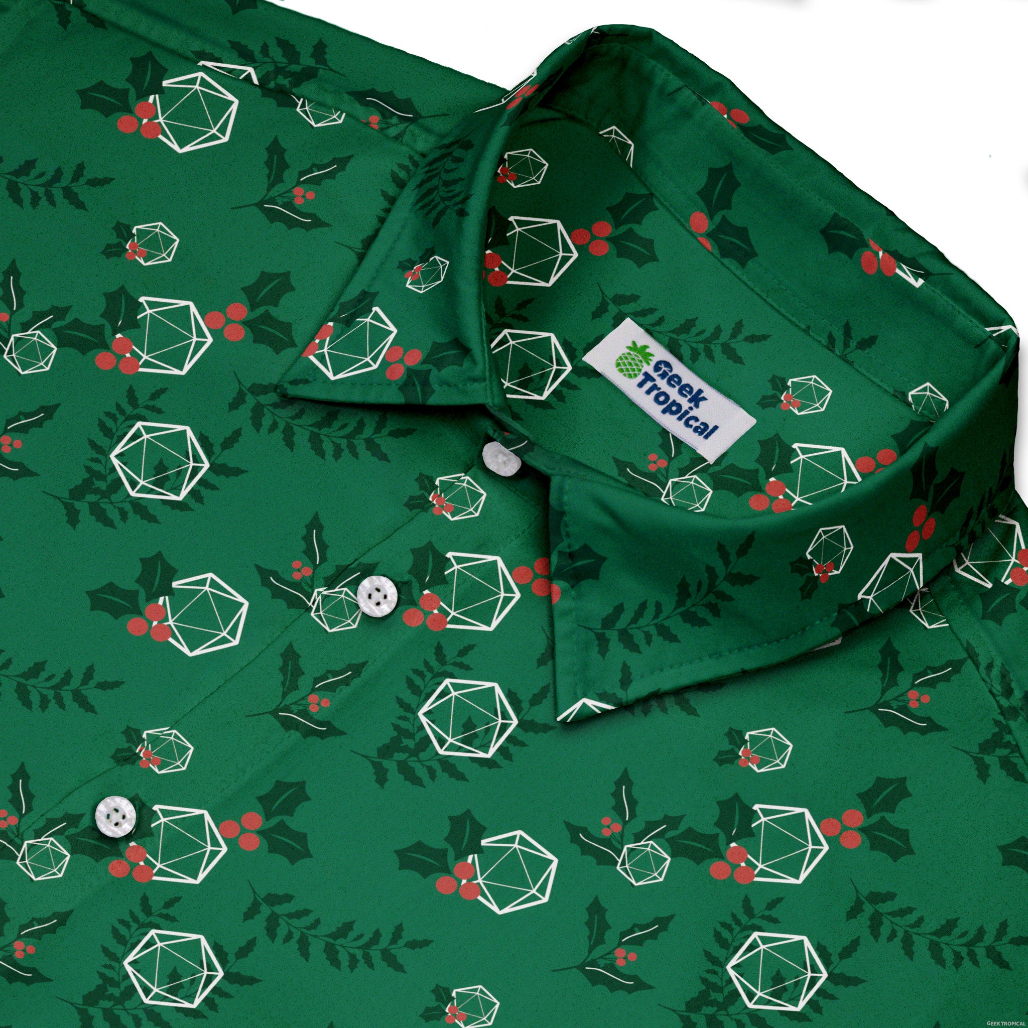 Leafy Mistletoe Dice Button Up Shirt Geek Nerd adult sizing Christmas Print Design by Heather Davenport