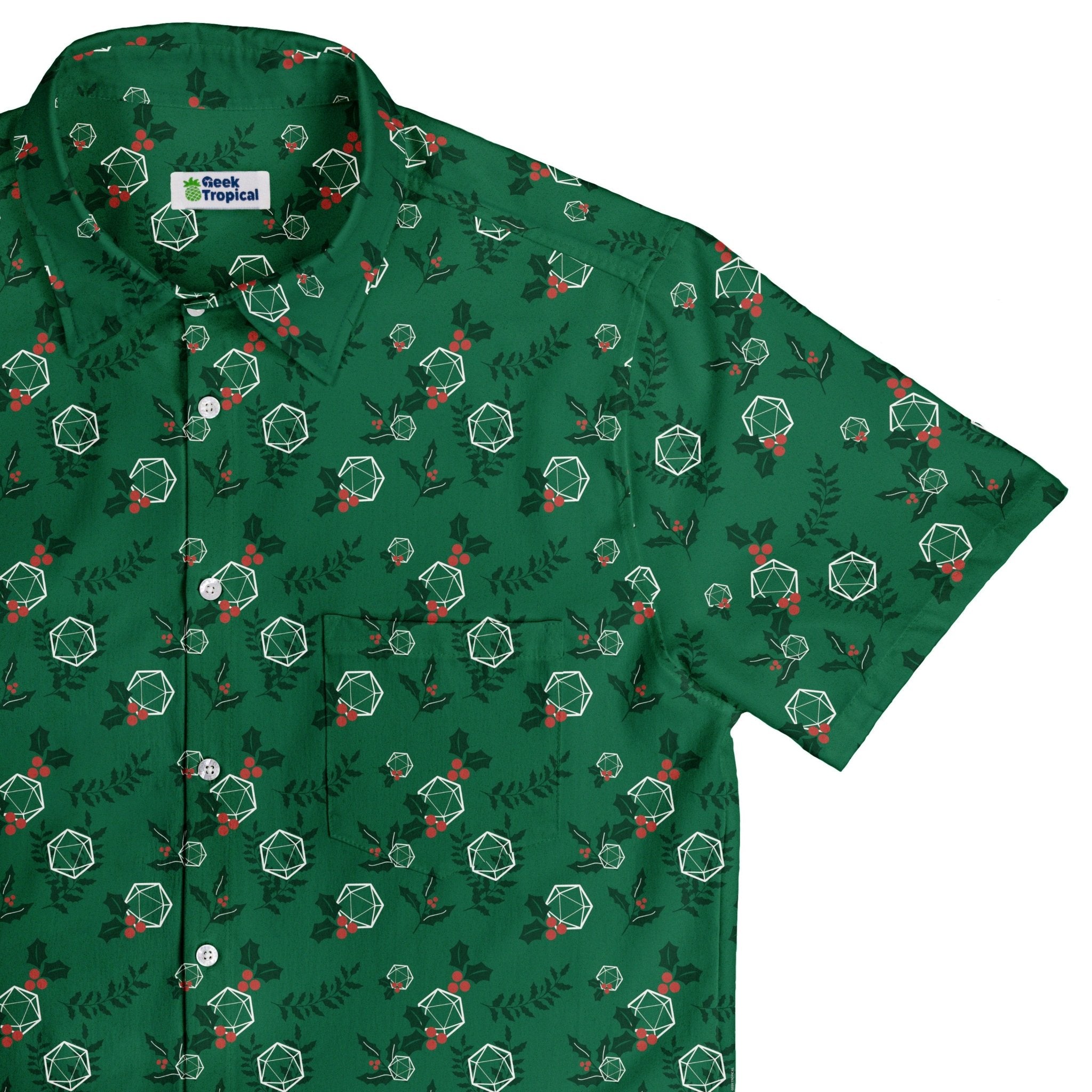 Leafy Mistletoe Dice Button Up Shirt Geek Nerd adult sizing Christmas Print Design by Heather Davenport