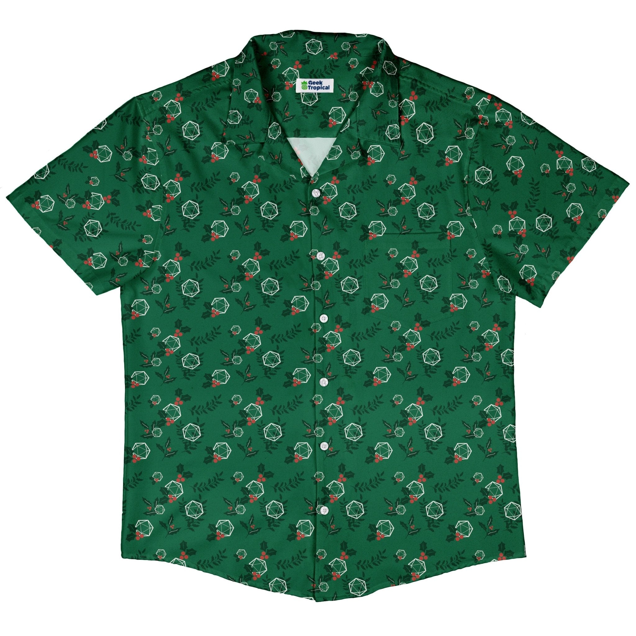 Leafy Mistletoe Dice Button Up Shirt Geek Nerd adult sizing Christmas Print Design by Heather Davenport