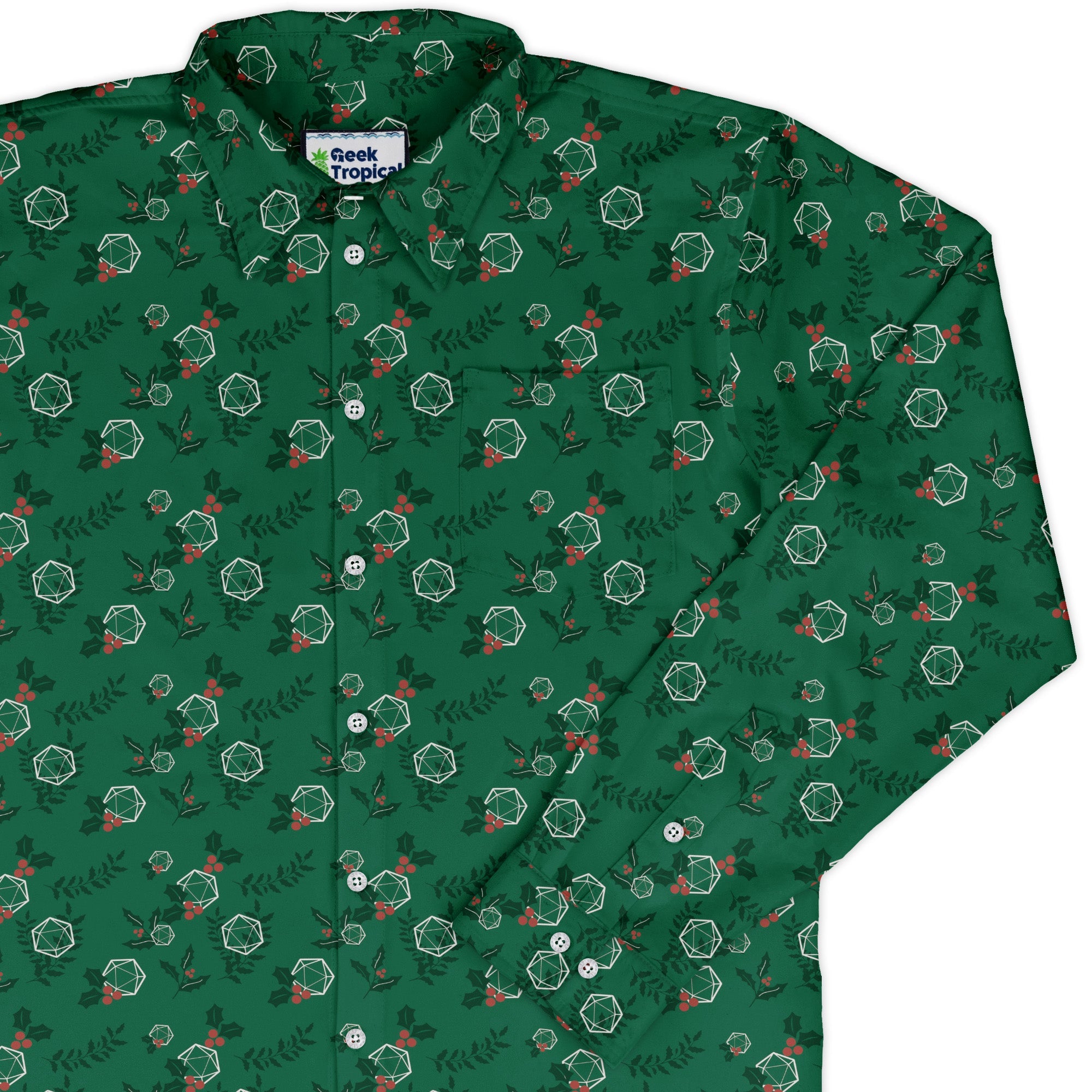 Leafy Mistletoe Dice Long Sleeve Button Up Shirt Geek Nerd adult sizing Christmas Print Design by Heather Davenport