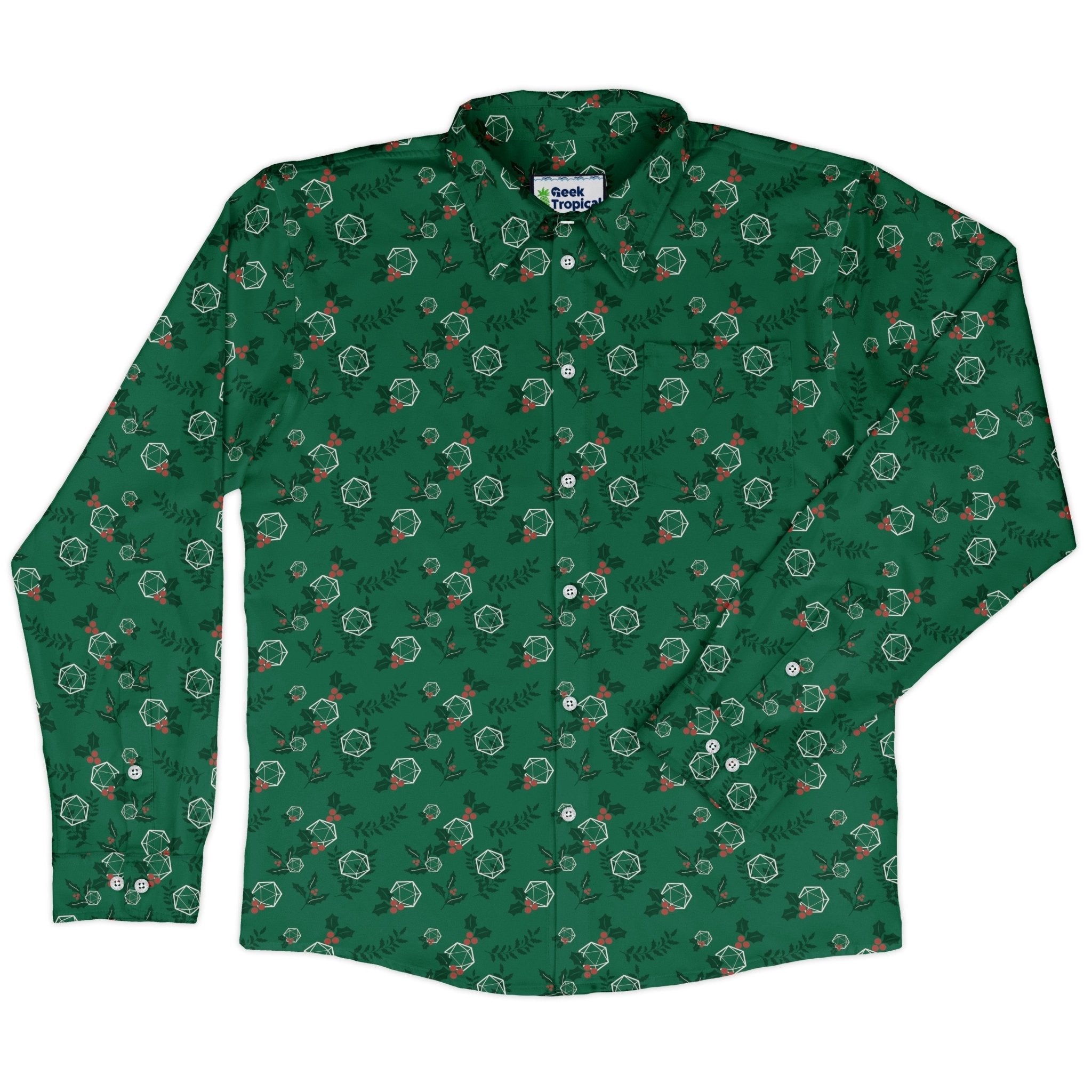 Leafy Mistletoe Dice Long Sleeve Button Up Shirt Geek Nerd adult sizing Christmas Print Design by Heather Davenport