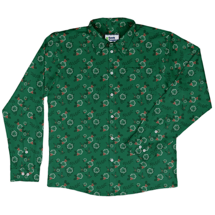 Leafy Mistletoe Dice Long Sleeve Button Up Shirt Geek Nerd adult sizing Christmas Print Design by Heather Davenport