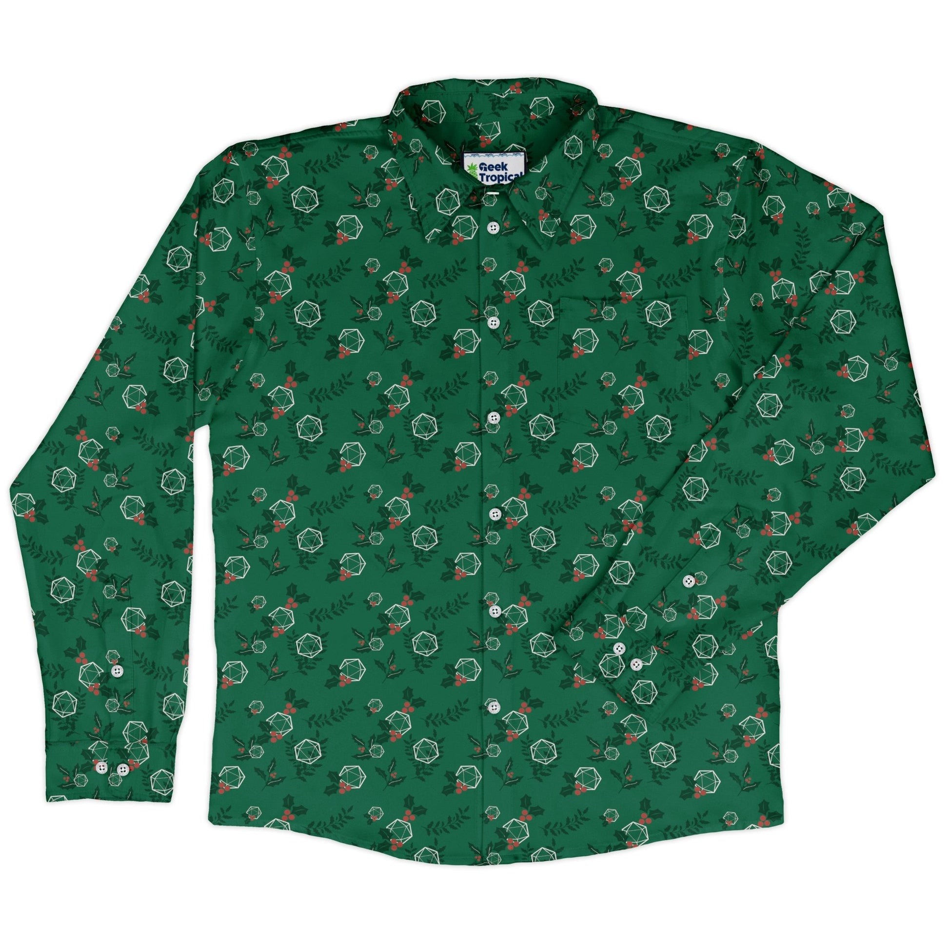 Leafy Mistletoe Dice Long Sleeve Button Up Shirt Geek Nerd adult sizing Christmas Print Design by Heather Davenport