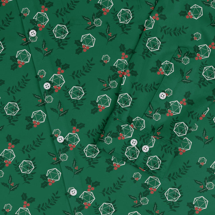 Leafy Mistletoe Dice Long Sleeve Button Up Shirt Geek Nerd adult sizing Christmas Print Design by Heather Davenport