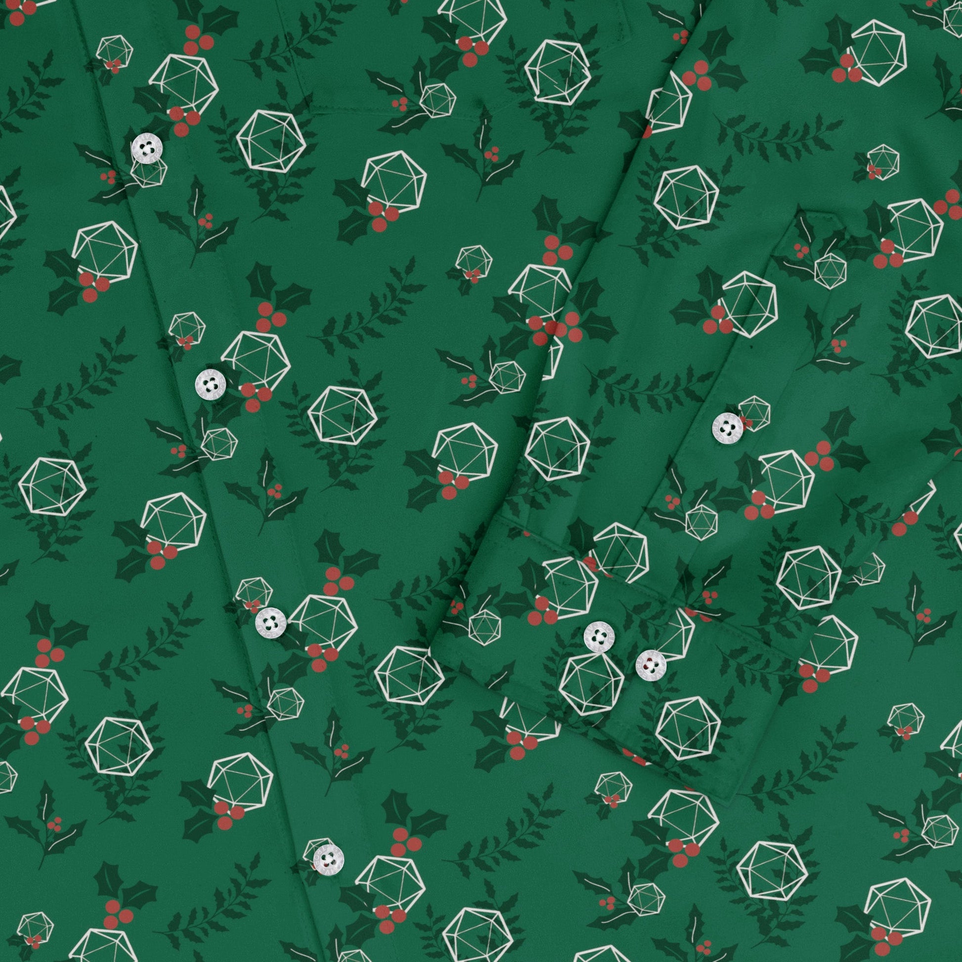 Leafy Mistletoe Dice Long Sleeve Button Up Shirt Geek Nerd adult sizing Christmas Print Design by Heather Davenport