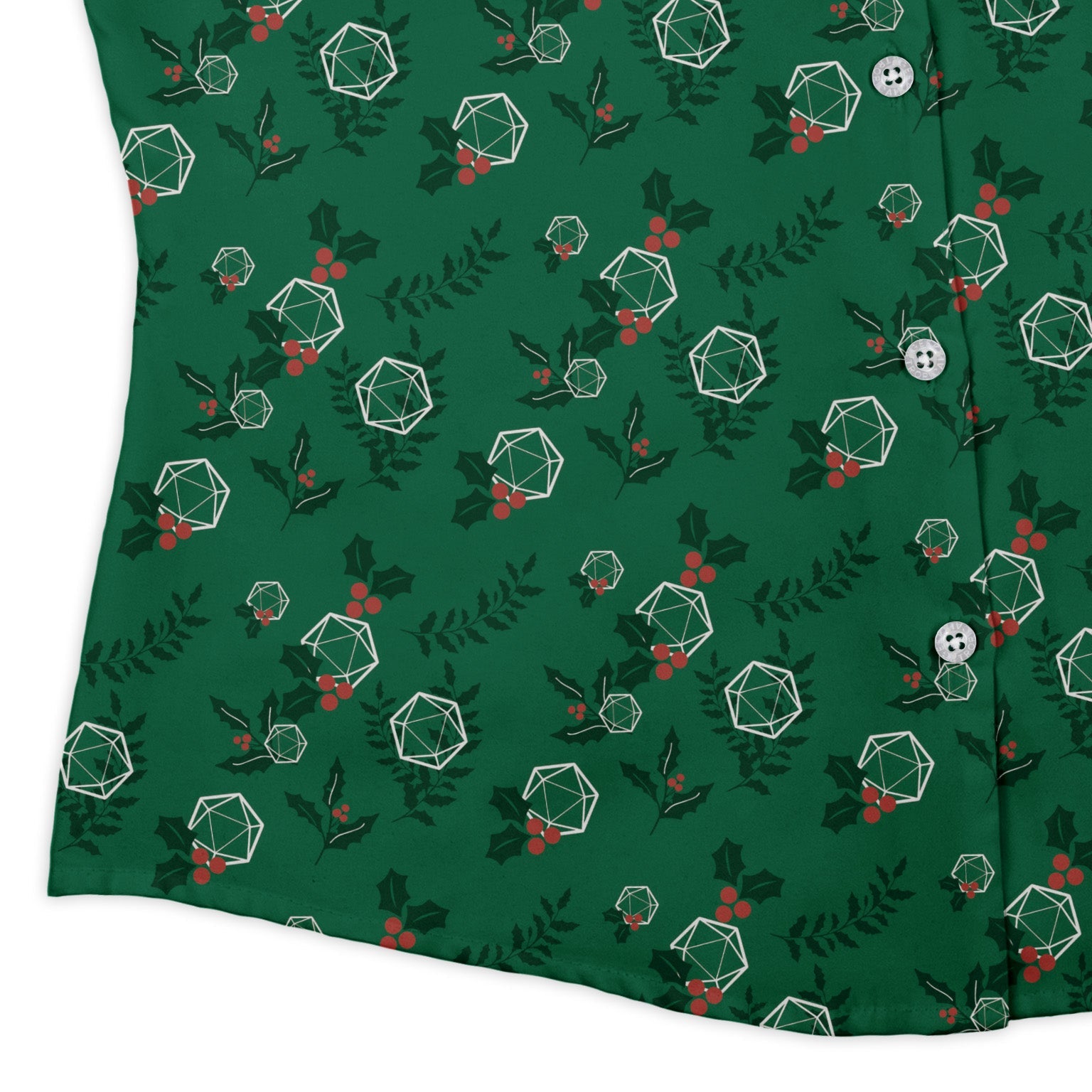 Leafy Mistletoe Dice Curvy Button Up Shirt Geek Nerd Christmas Print Design by Heather Davenport dnd & rpg print