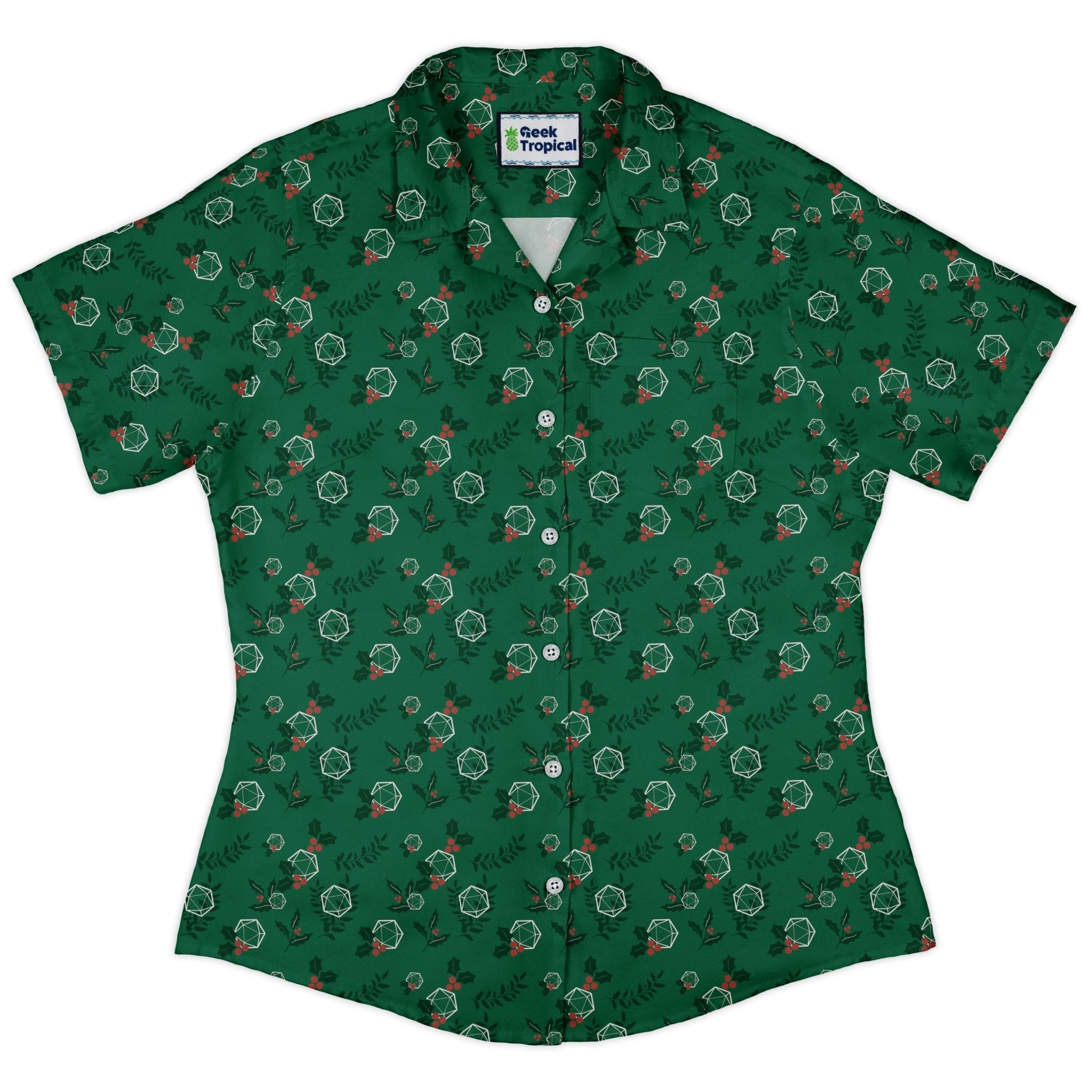 Leafy Mistletoe Dice Curvy Button Up Shirt Geek Nerd Christmas Print Design by Heather Davenport dnd & rpg print