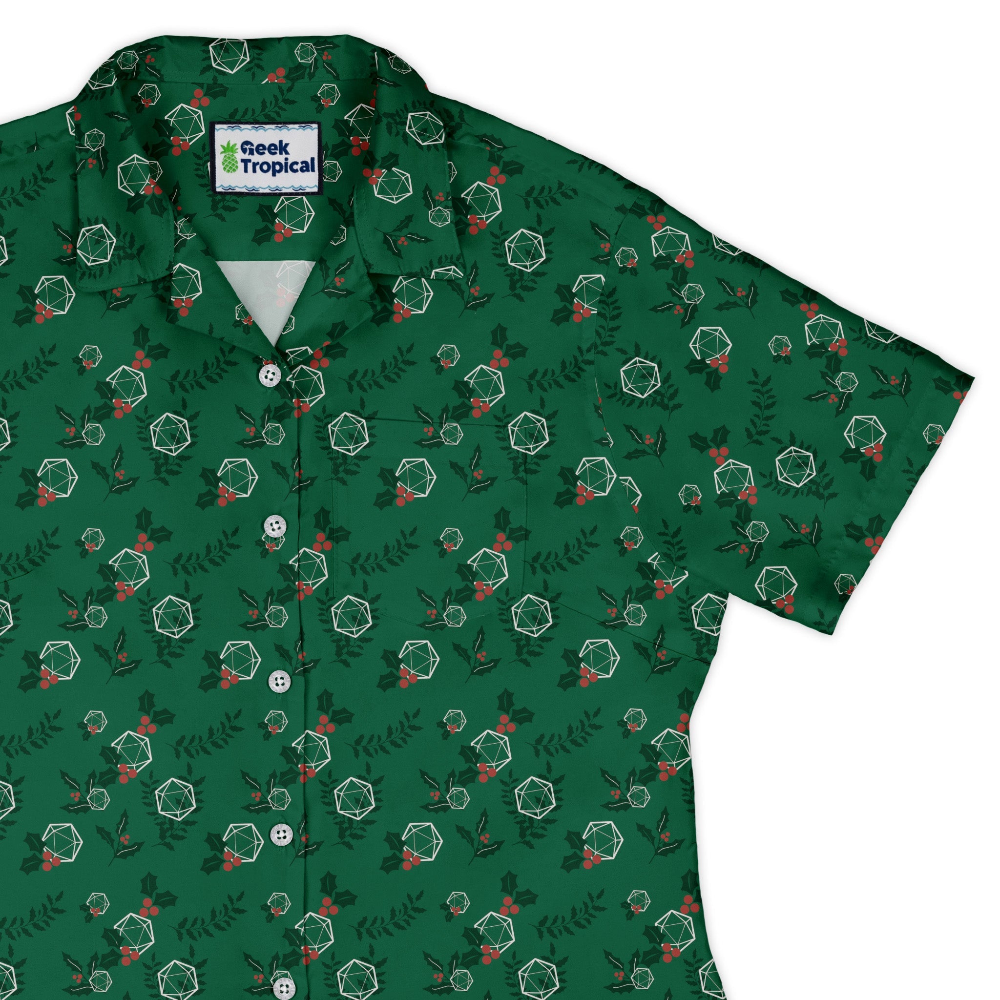 Leafy Mistletoe Dice Curvy Button Up Shirt Geek Nerd Christmas Print Design by Heather Davenport dnd & rpg print