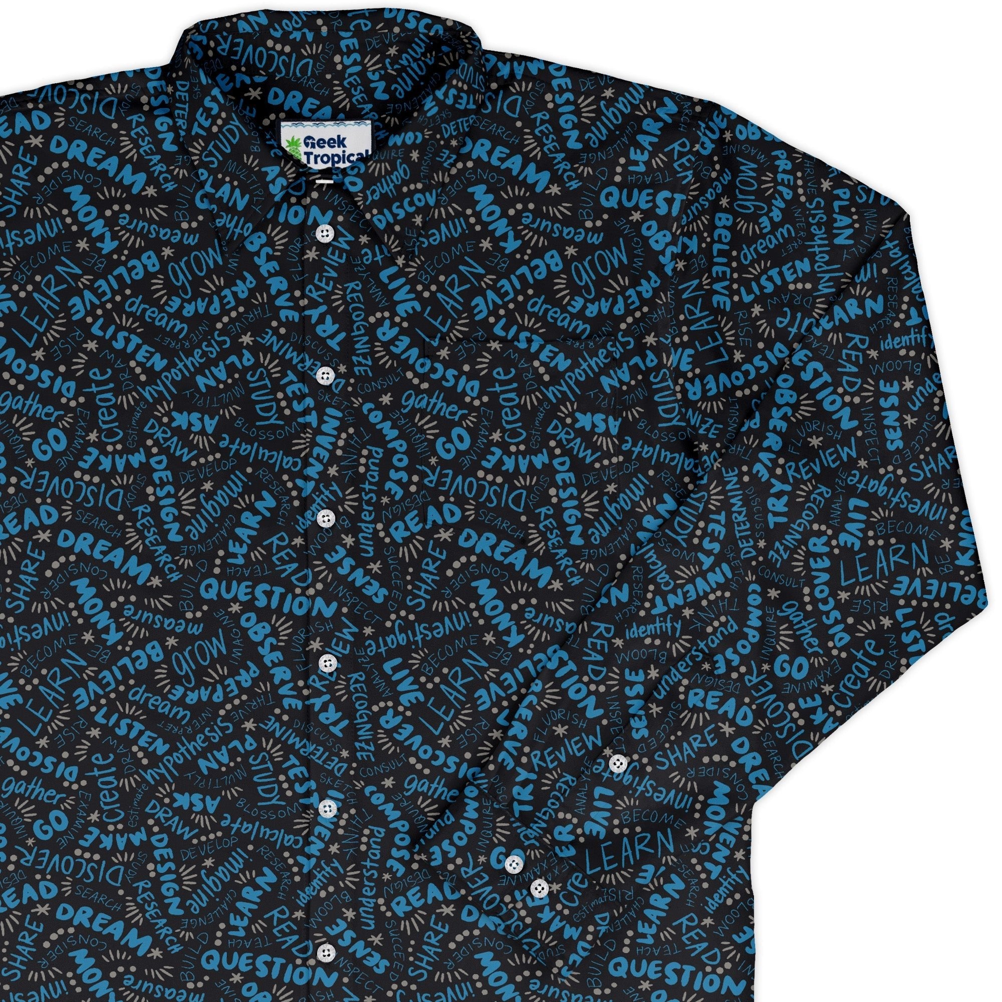 Learner Affirmations Long Sleeve Button Up Shirt Geek Nerd adult sizing Design by Zirkus Design FLOW DESC WRITING