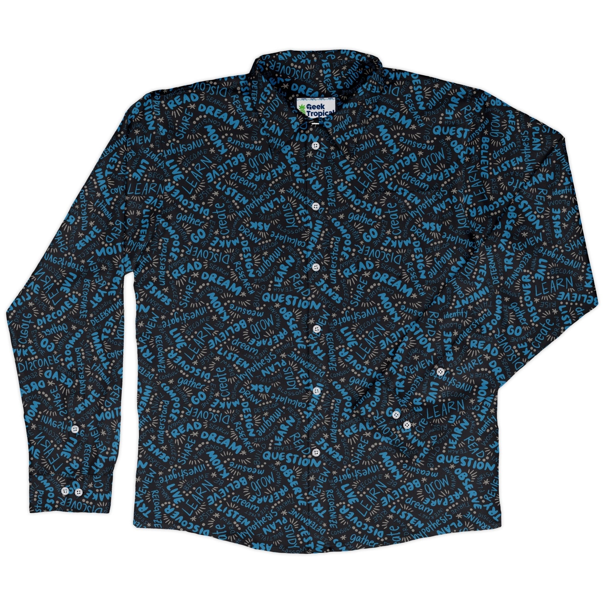 Learner Affirmations Long Sleeve Button Up Shirt Geek Nerd adult sizing Design by Zirkus Design FLOW DESC WRITING