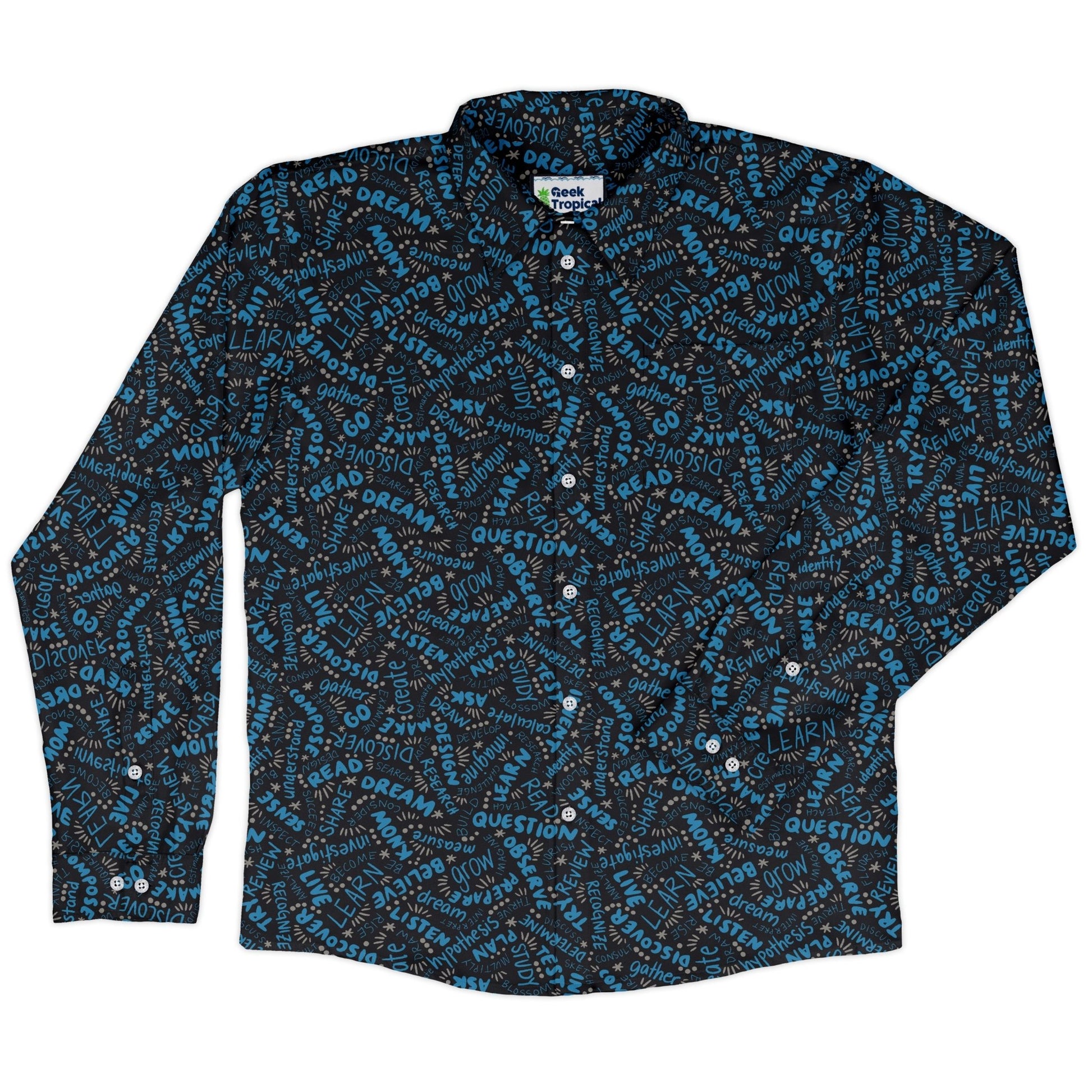 Learner Affirmations Long Sleeve Button Up Shirt Geek Nerd adult sizing Design by Zirkus Design FLOW DESC WRITING