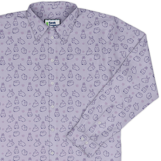 Lilac Anime Bunnies Long Sleeve Button Up Shirt Geek Nerd Animal Patterns Anime Design by Ardi Tong