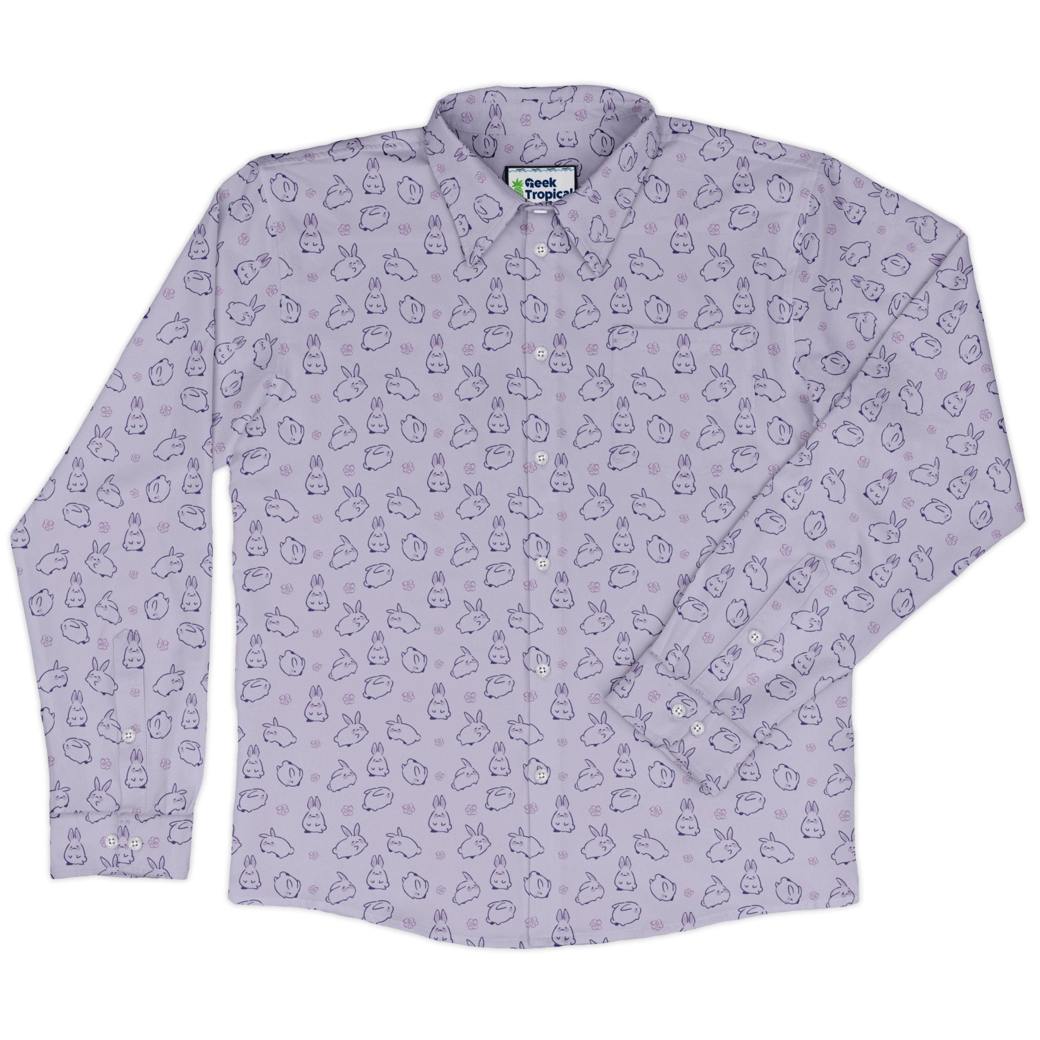 Lilac Anime Bunnies Long Sleeve Button Up Shirt Geek Nerd Animal Patterns Anime Design by Ardi Tong