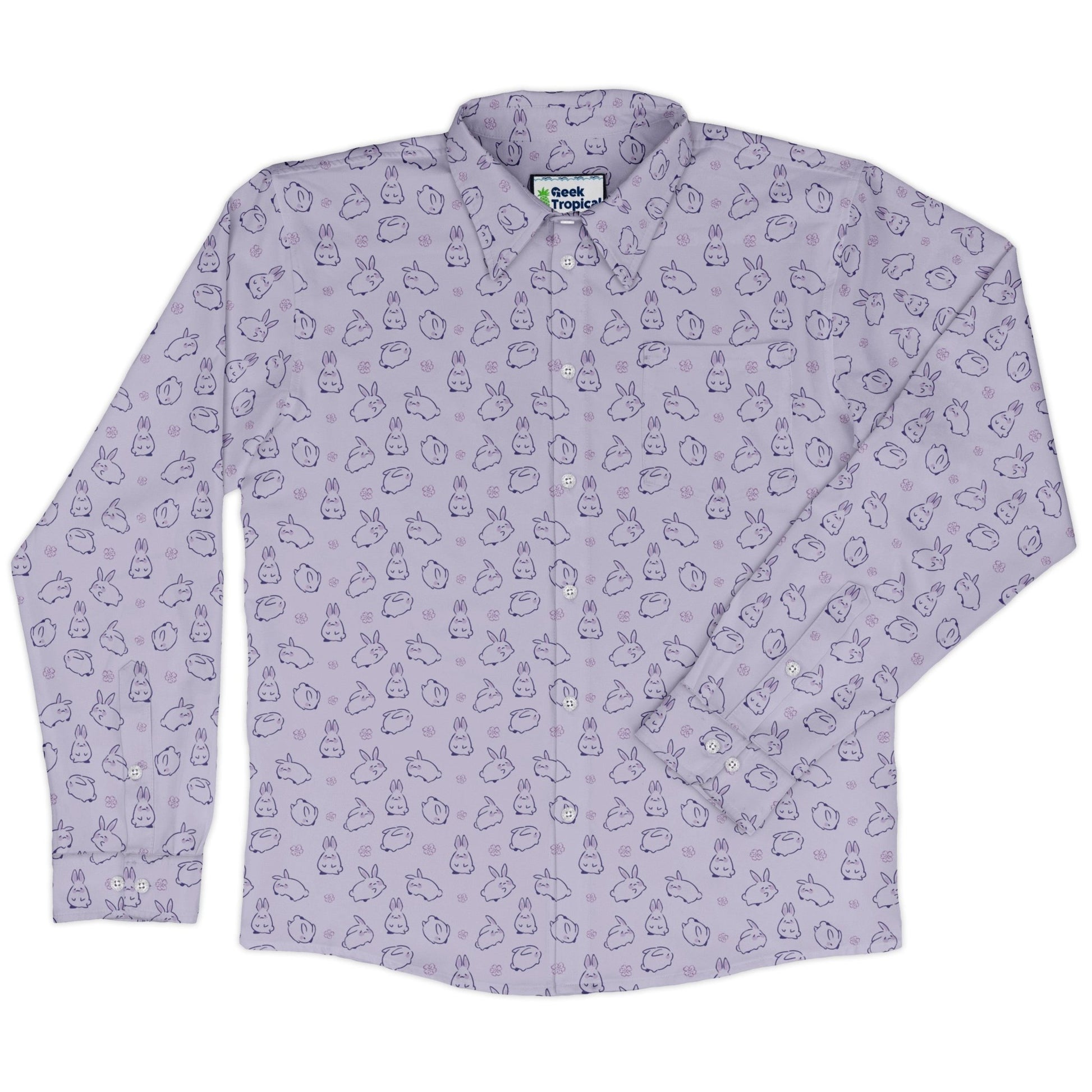 Lilac Anime Bunnies Long Sleeve Button Up Shirt Geek Nerd Animal Patterns Anime Design by Ardi Tong