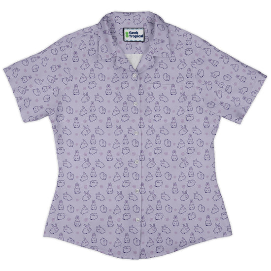 Lilac Anime Bunnies Curvy Button Up Shirt Geek Nerd Animal Patterns Anime Design by Ardi Tong