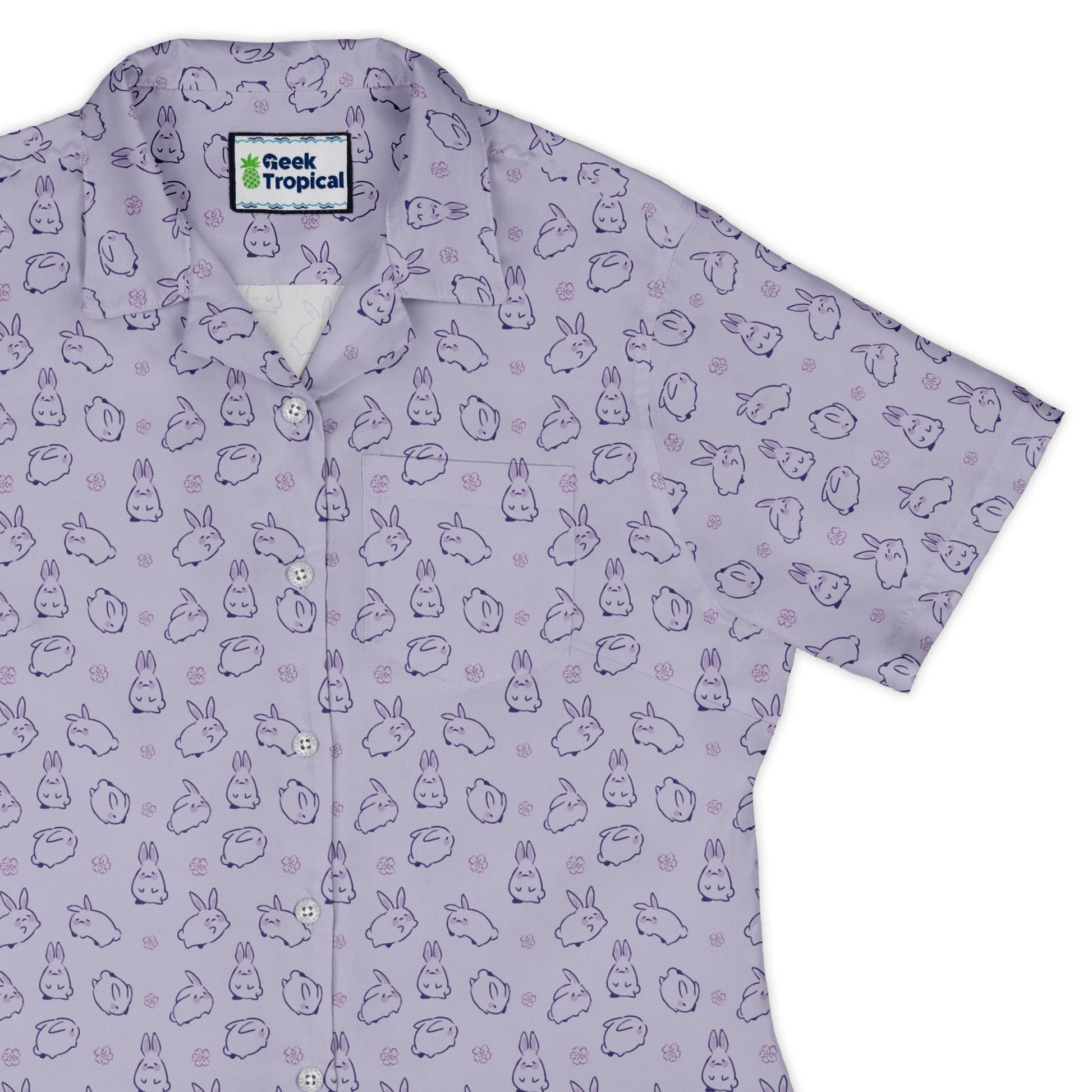 Lilac Anime Bunnies Curvy Button Up Shirt Geek Nerd Animal Patterns Anime Design by Ardi Tong