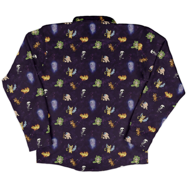 Little Monsters Long Sleeve Button Up Shirt Geek Nerd adult sizing Designs by Nathan fantasy prints
