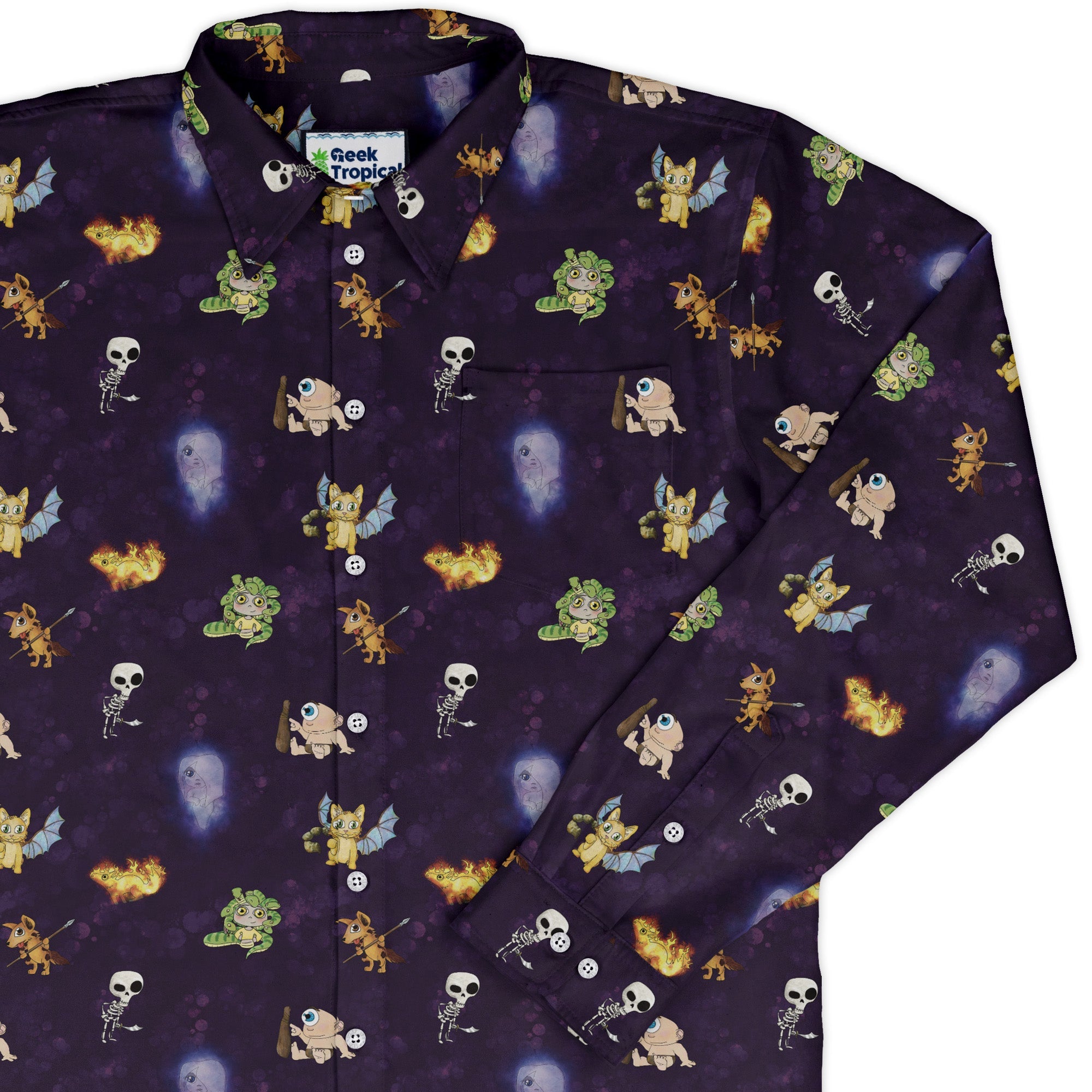Little Monsters Long Sleeve Button Up Shirt Geek Nerd adult sizing Designs by Nathan fantasy prints