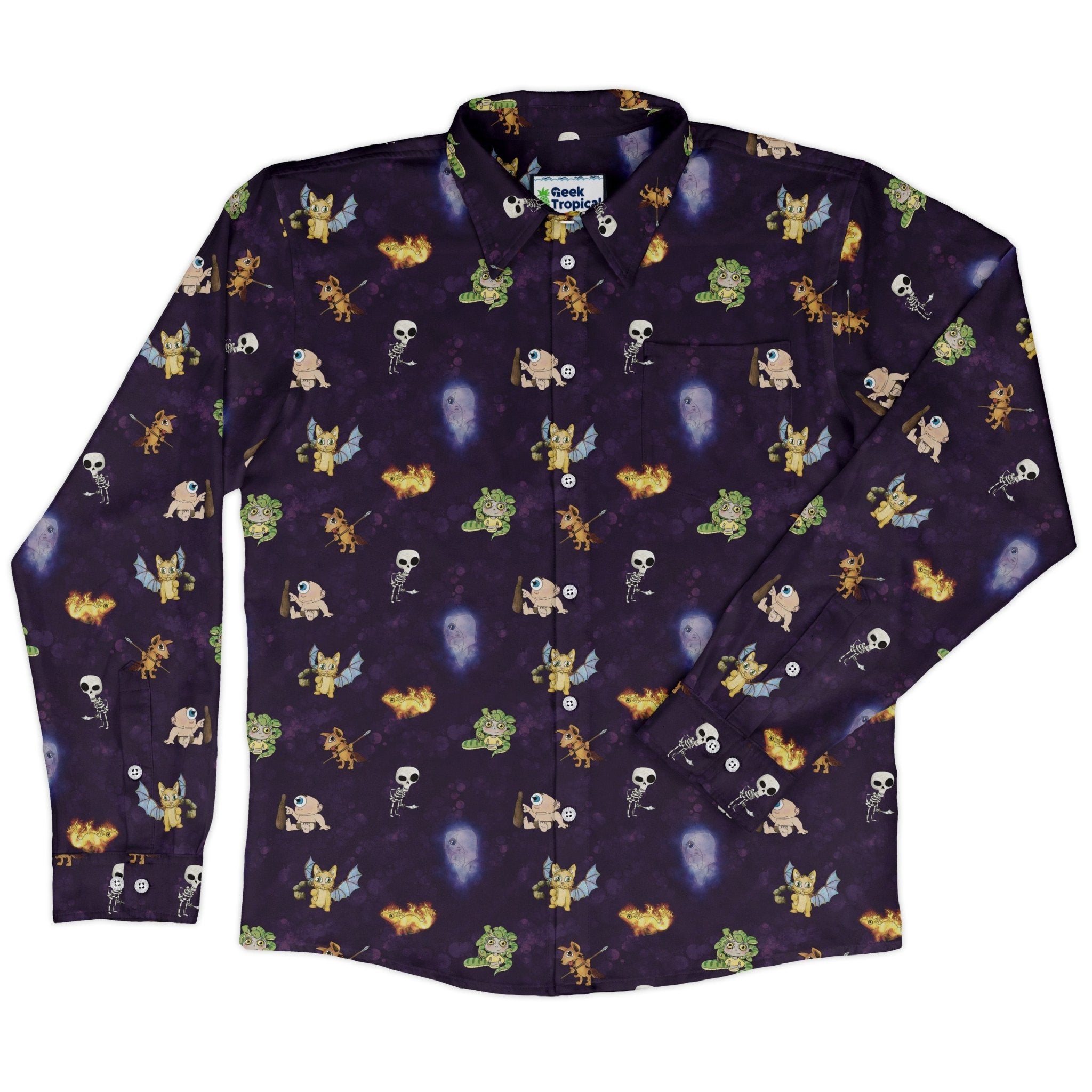 Little Monsters Long Sleeve Button Up Shirt Geek Nerd adult sizing Designs by Nathan fantasy prints