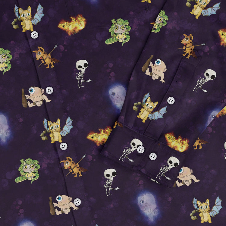 Little Monsters Long Sleeve Button Up Shirt Geek Nerd adult sizing Designs by Nathan fantasy prints