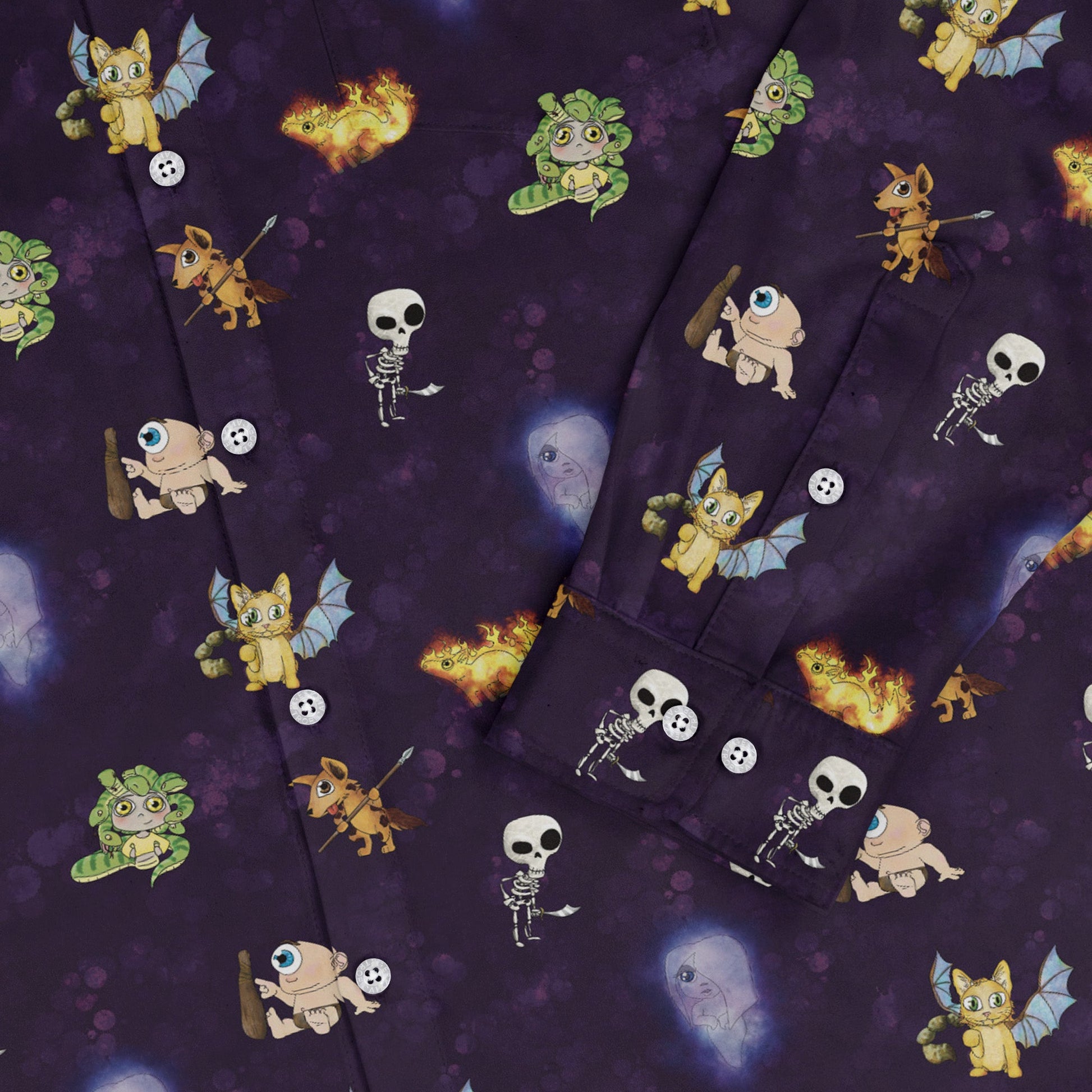 Little Monsters Long Sleeve Button Up Shirt Geek Nerd adult sizing Designs by Nathan fantasy prints